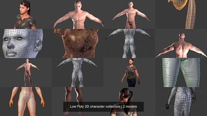 Low Poly 3D character collection meshes of human body 