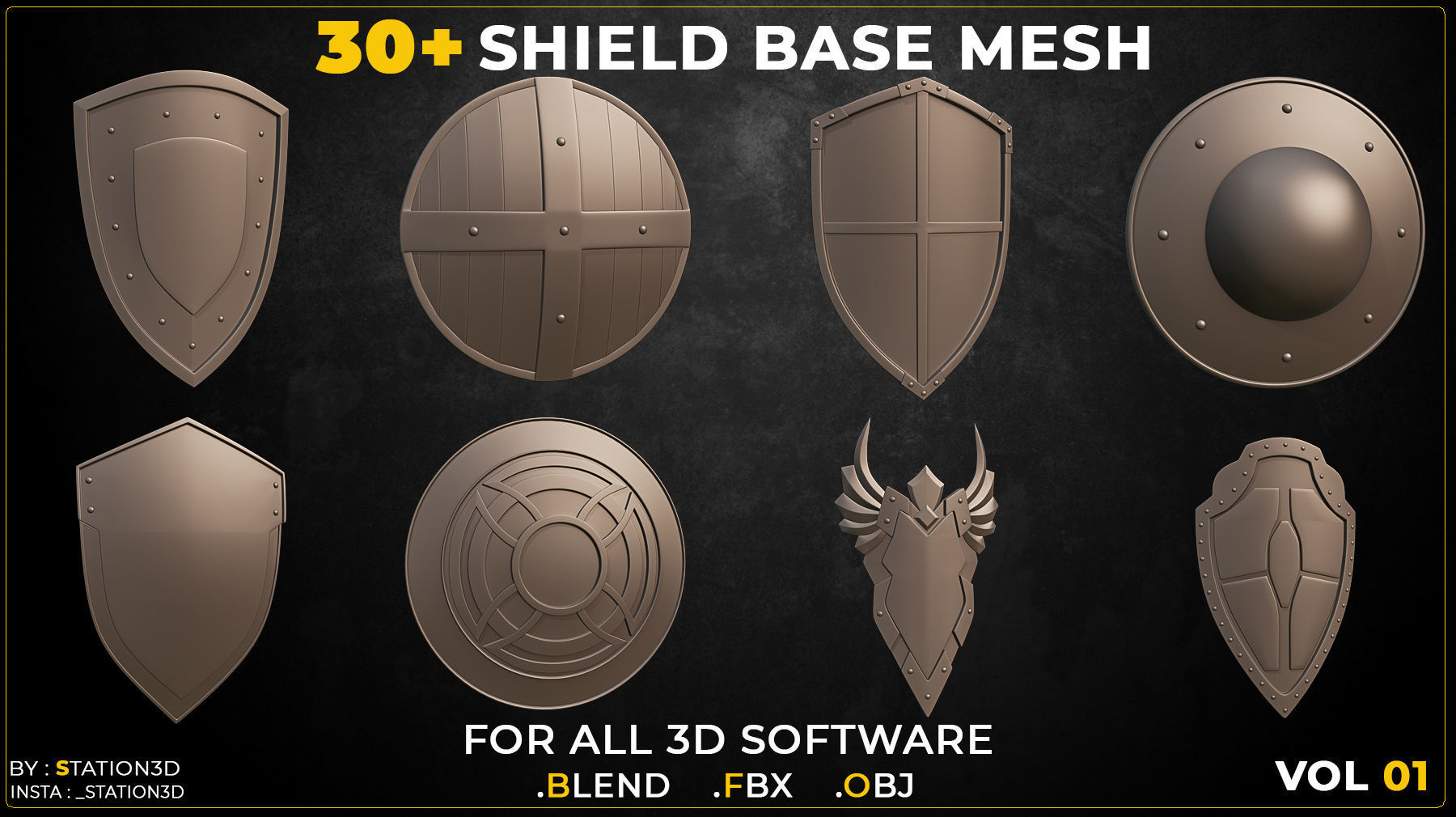 30 Shield Base Mesh Vol-01 Game Ready Low-poly 3D model_4