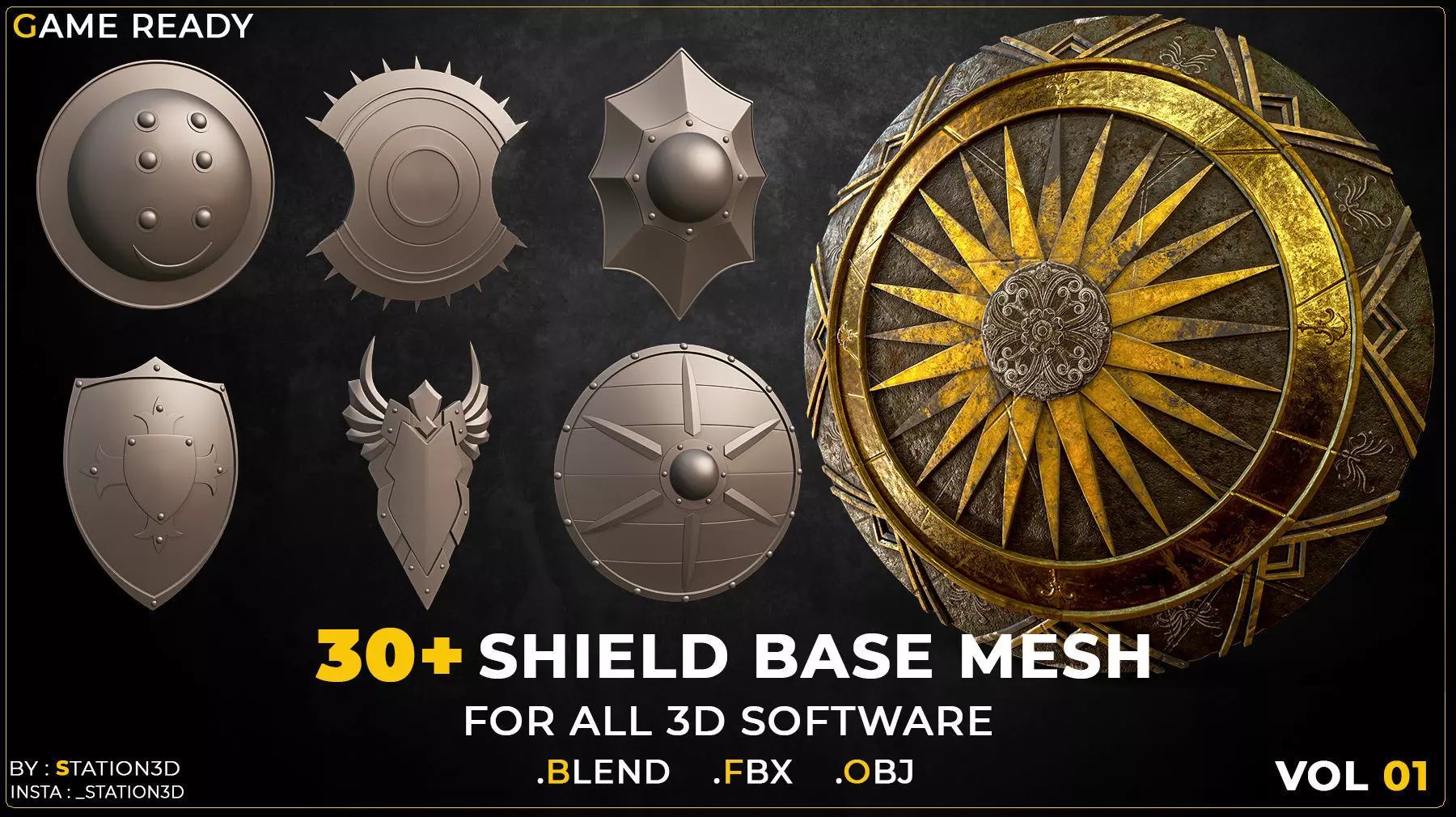 30 Shield Base Mesh Vol-01 Game Ready Low-poly 3D model_0