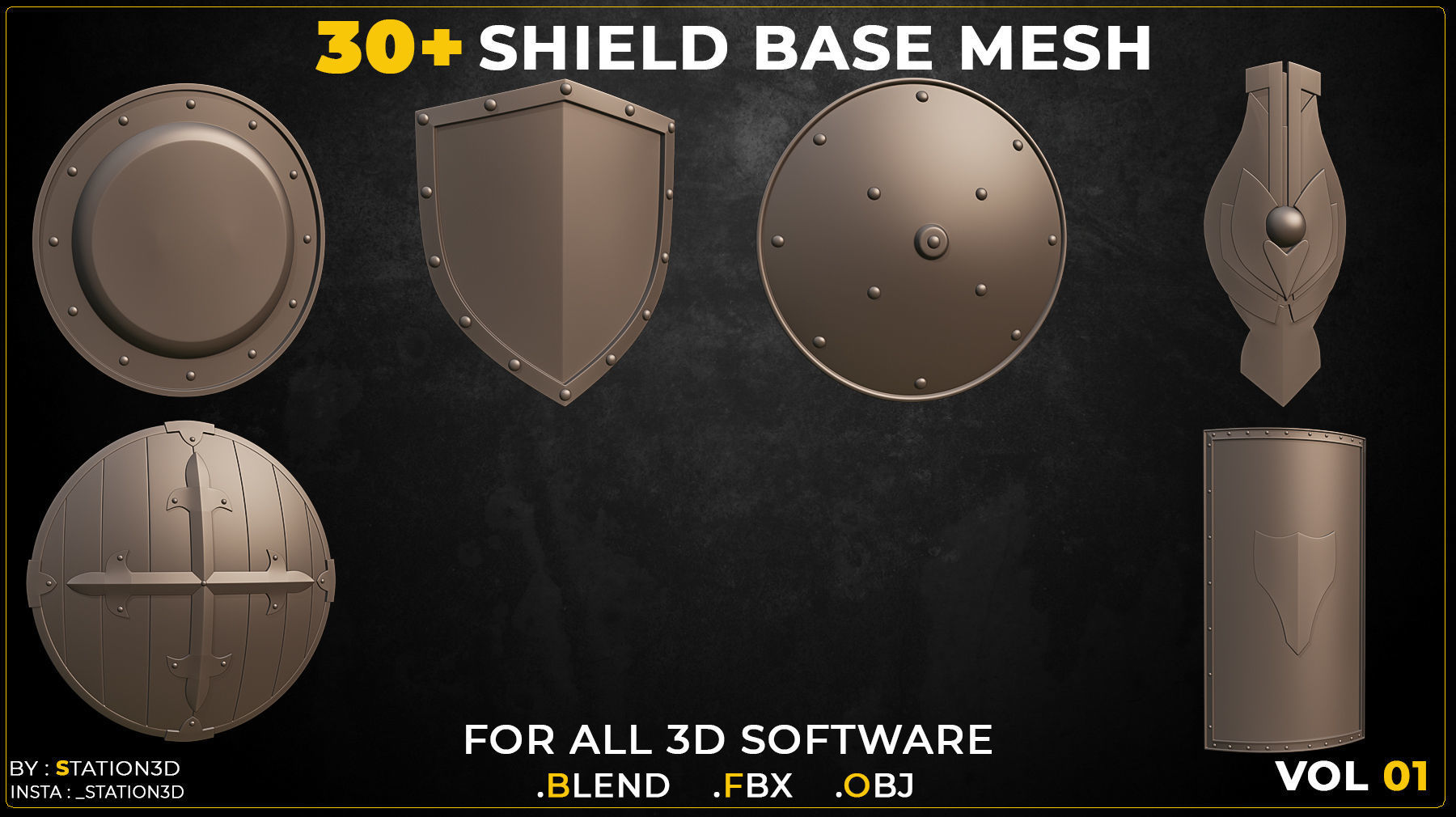 30 Shield Base Mesh Vol-01 Game Ready Low-poly 3D model_6