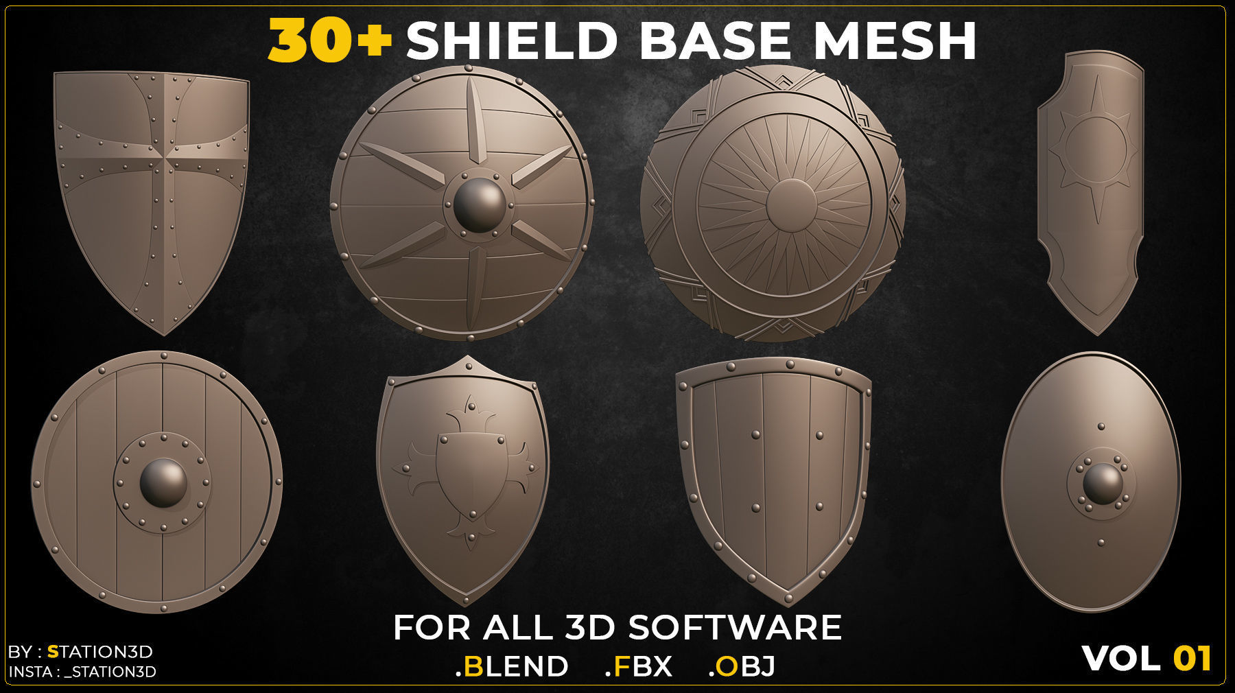 30 Shield Base Mesh Vol-01 Game Ready Low-poly 3D model_5