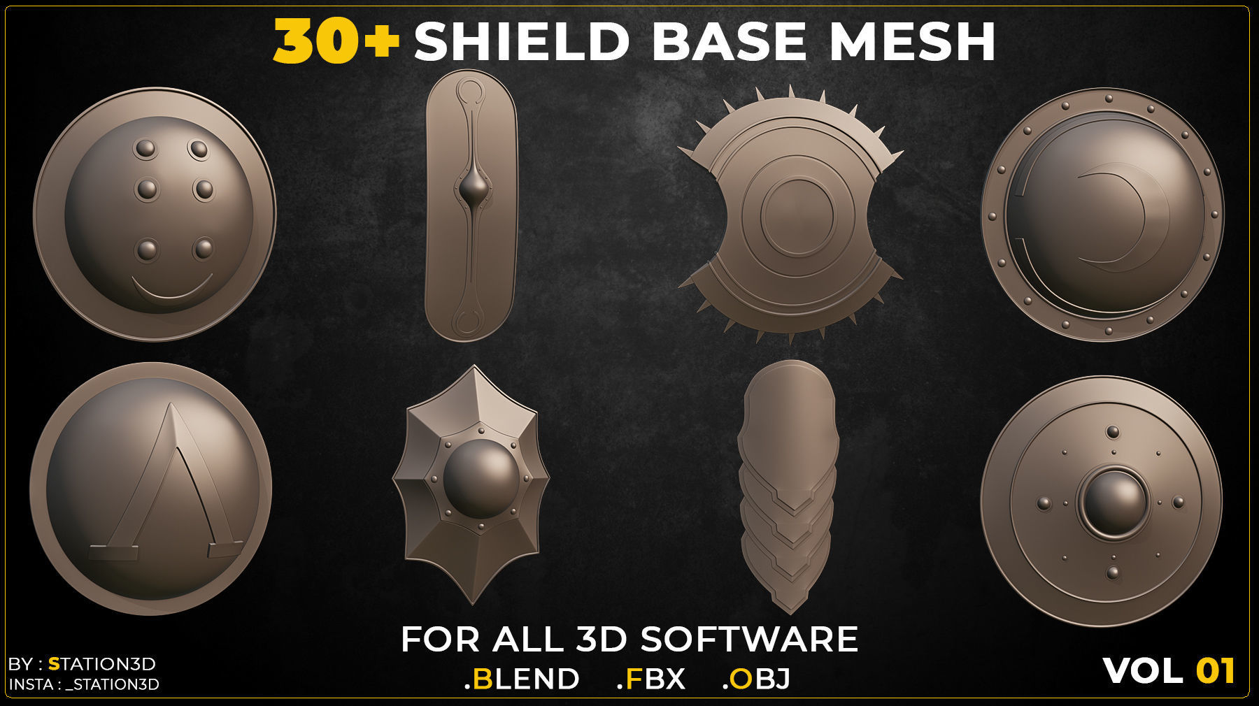 30 Shield Base Mesh Vol-01 Game Ready Low-poly 3D model_3