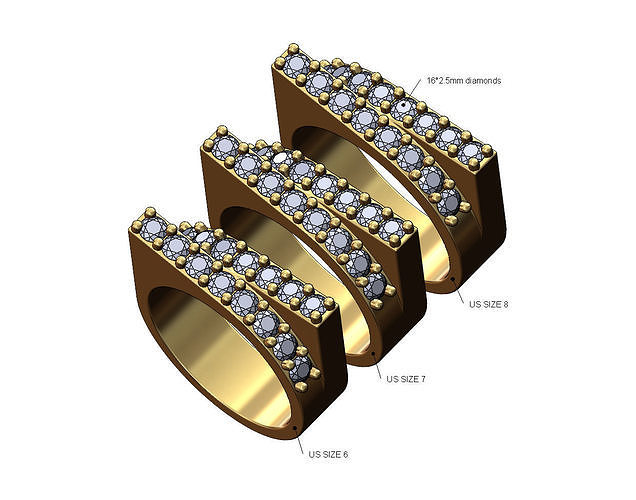 Double overlapping diamond bar fashion ring US sizes 6 7 8 3D print model