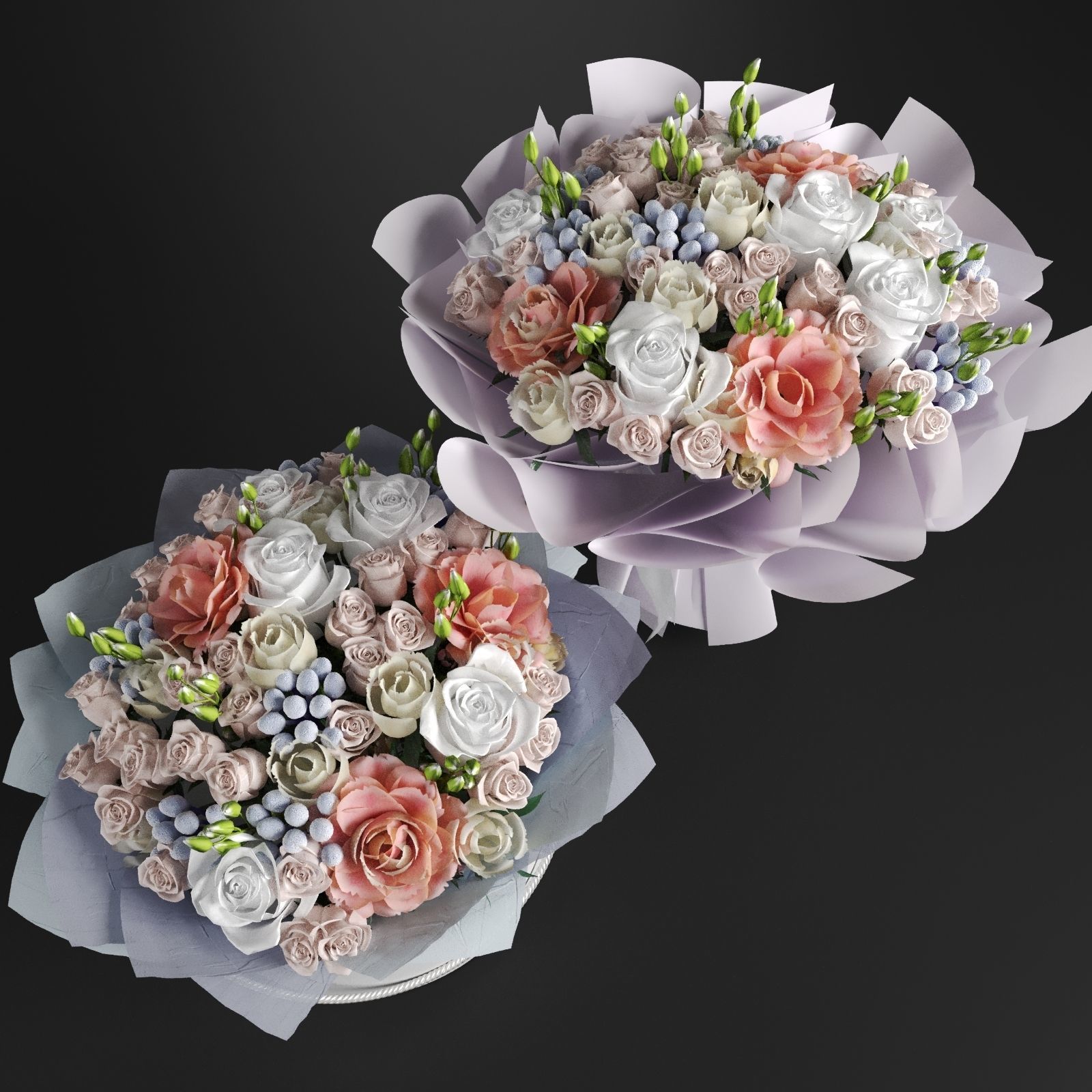 Two Bouquet of the flowers in white orange pink and blue colors 3D model_1