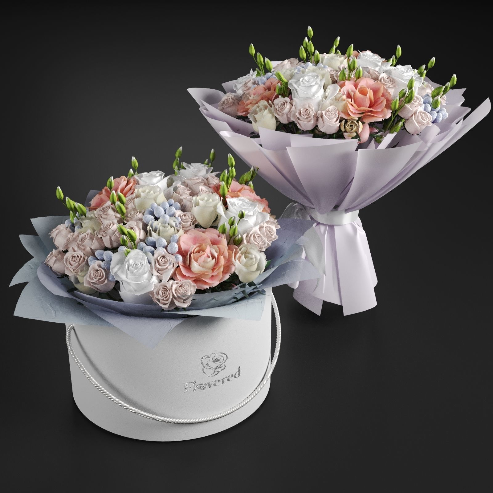 Two Bouquet of the flowers in white orange pink and blue colors 3D model_2