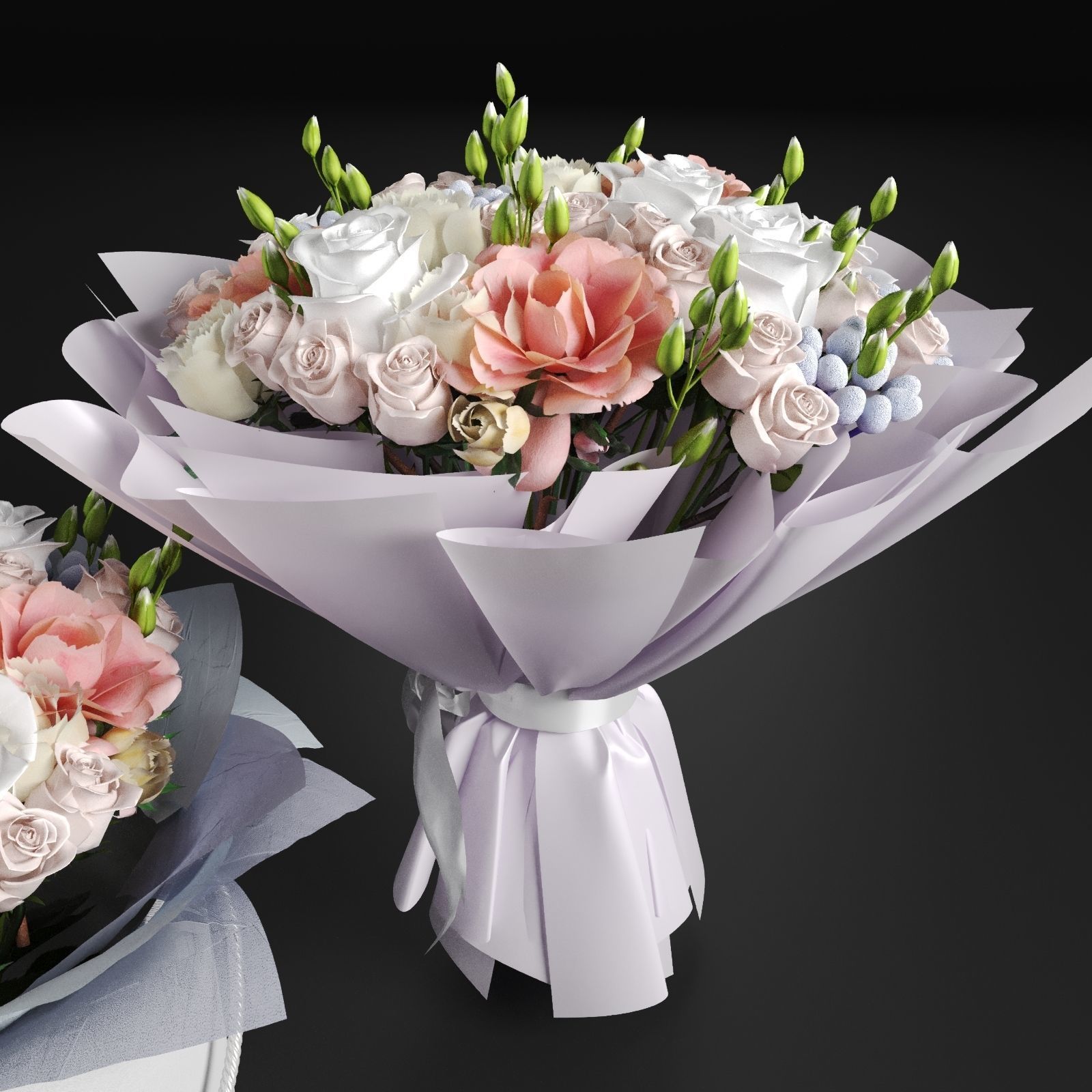 Two Bouquet of the flowers in white orange pink and blue colors 3D model_3