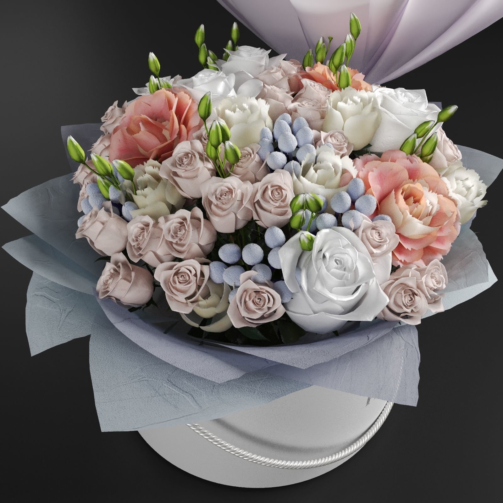 Two Bouquet of the flowers in white orange pink and blue colors 3D model_4