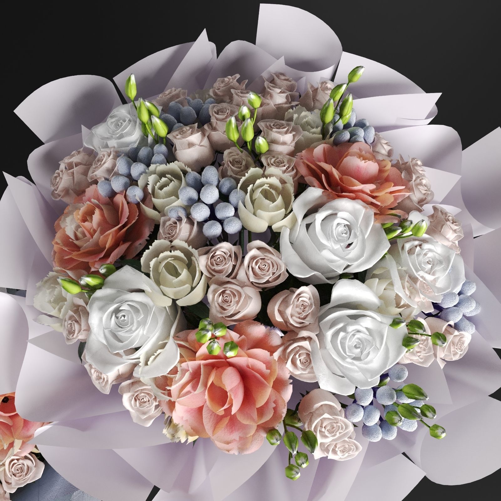 Two Bouquet of the flowers in white orange pink and blue colors 3D model_5