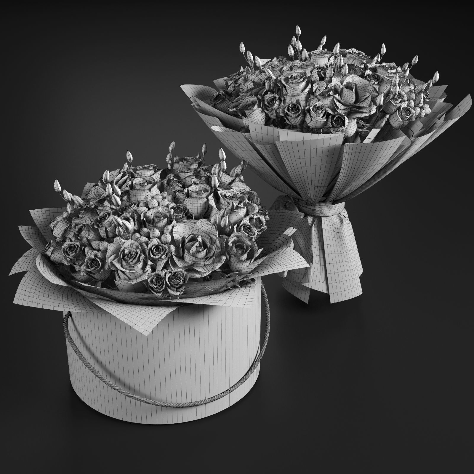 Two Bouquet of the flowers in white orange pink and blue colors 3D model_9