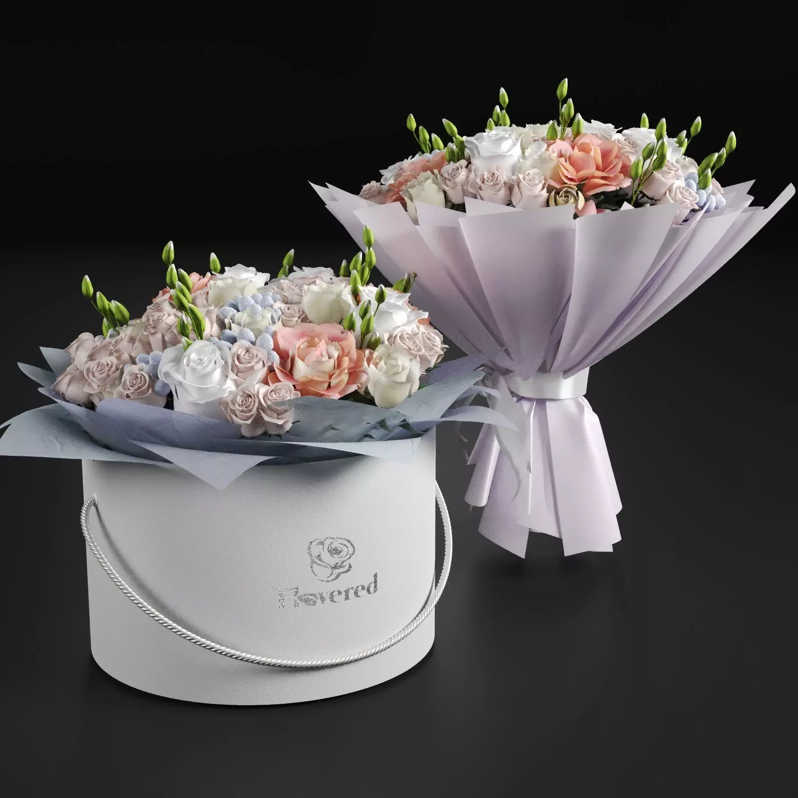Two Bouquet of the flowers in white orange pink and blue colors 3D model_0