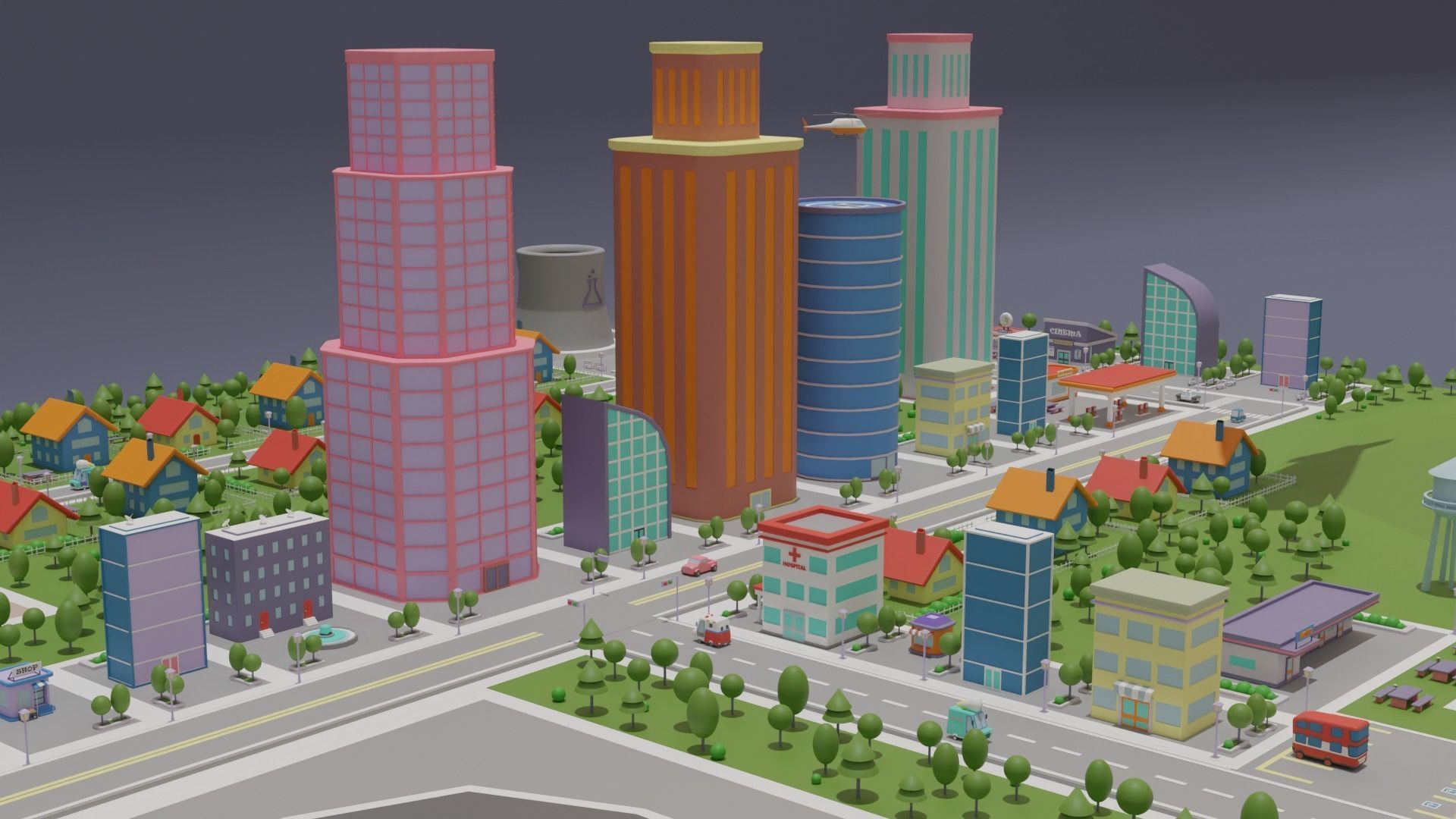 City Set Low Poly with buildings and plane Low-poly 3D model_6