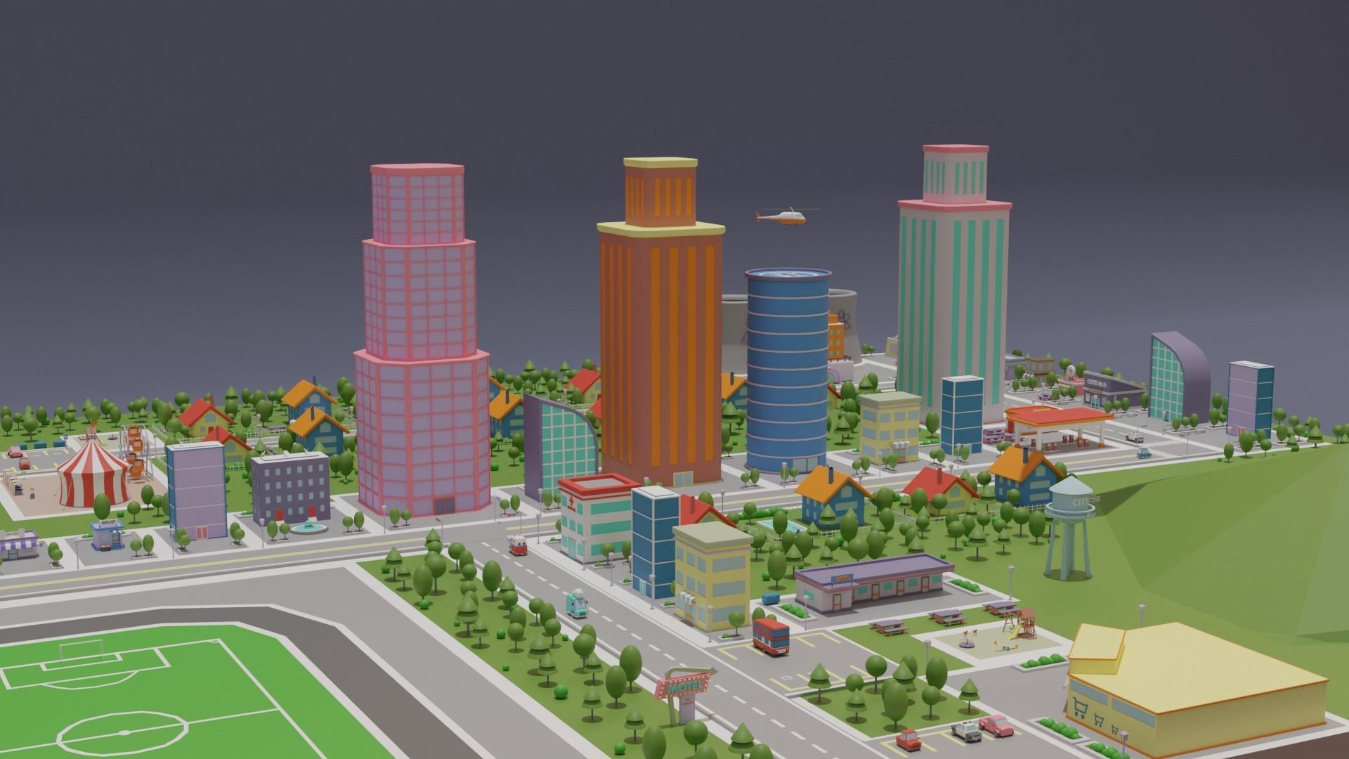 City Set Low Poly with buildings and plane Low-poly 3D model_5