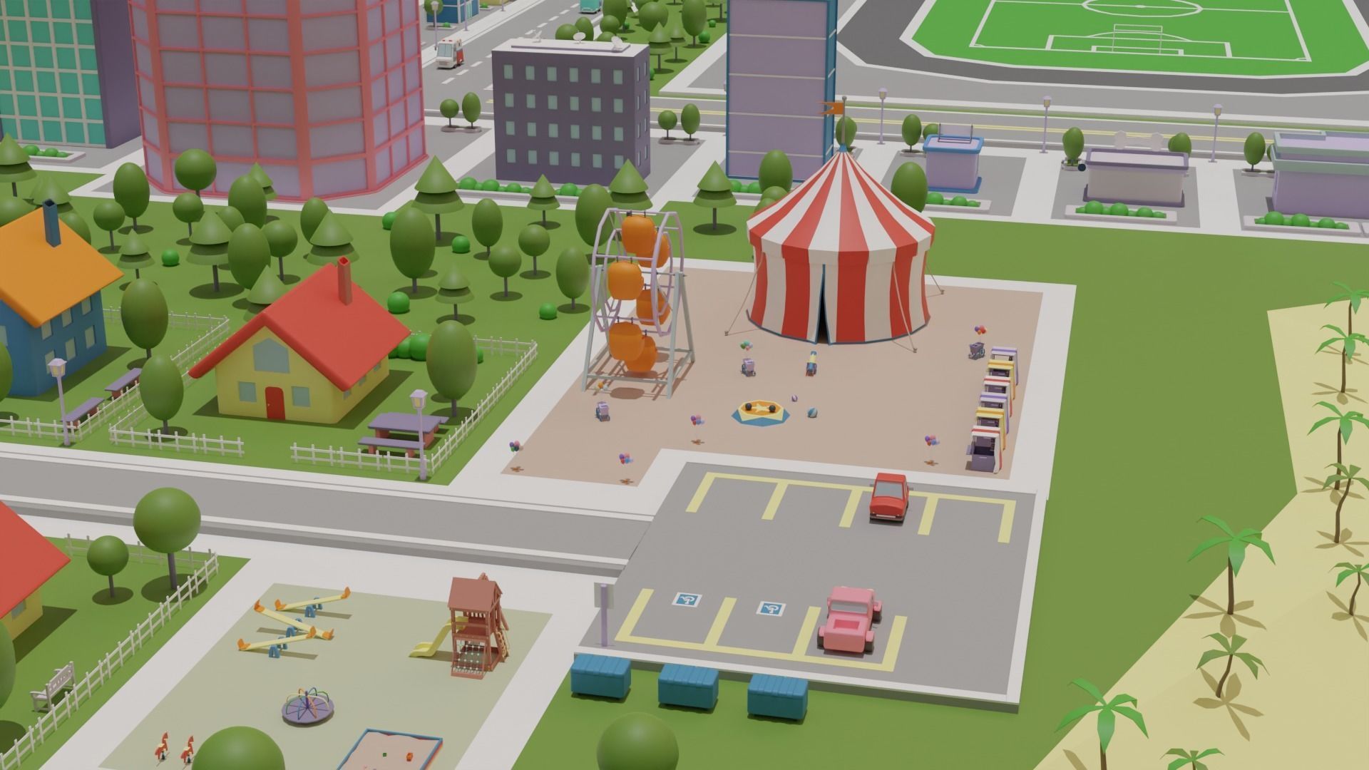 City Set Low Poly with buildings and plane Low-poly 3D model_12