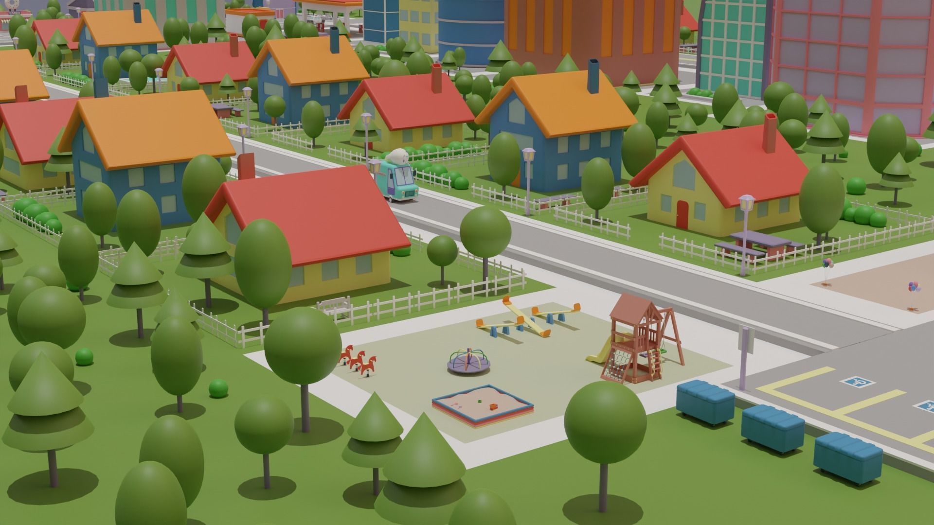 City Set Low Poly with buildings and plane Low-poly 3D model_11