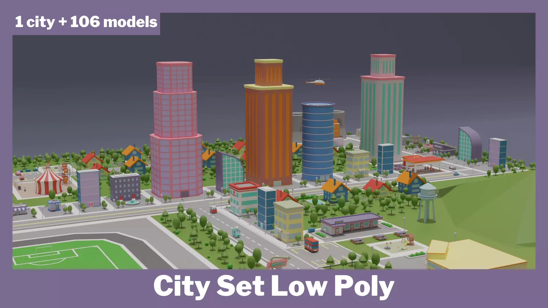 City Set Low Poly with buildings and plane Low-poly 3D model_0