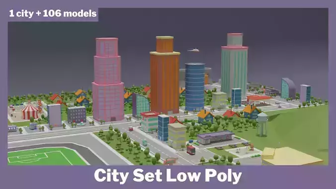 City Set Low Poly with buildings and plane Low-poly 3D model