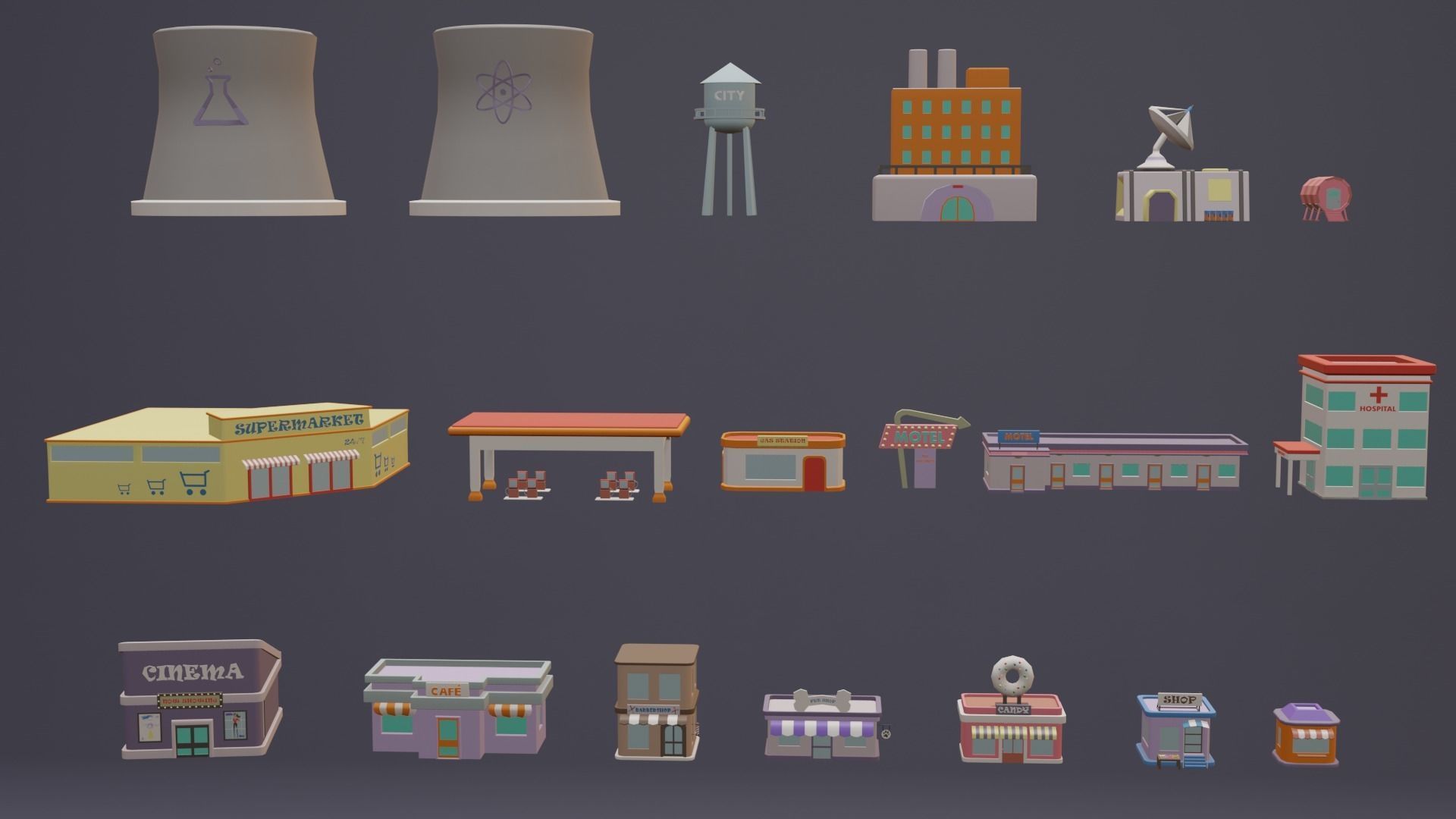 City Set Low Poly with buildings and plane Low-poly 3D model_20