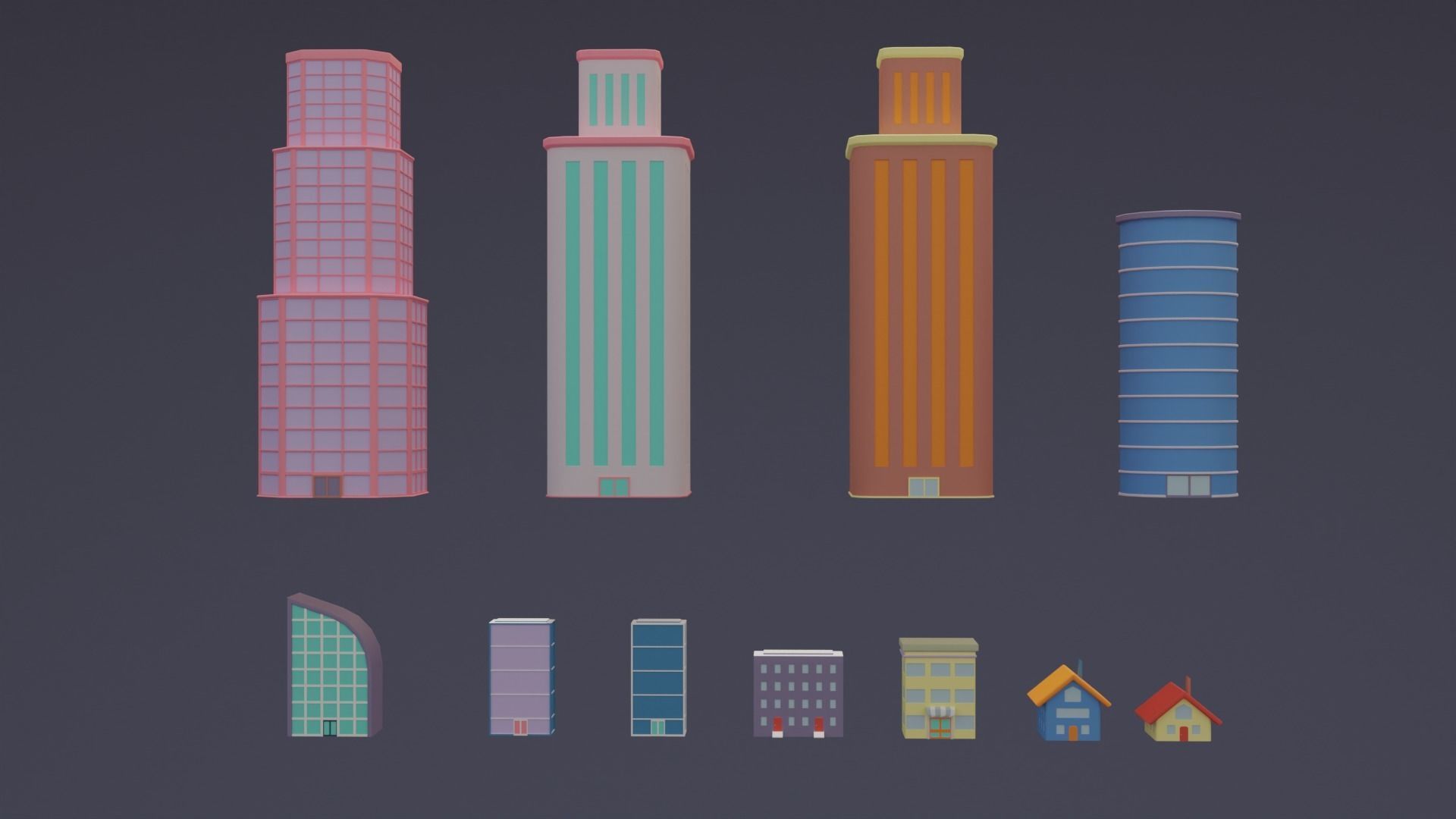 City Set Low Poly with buildings and plane Low-poly 3D model_18