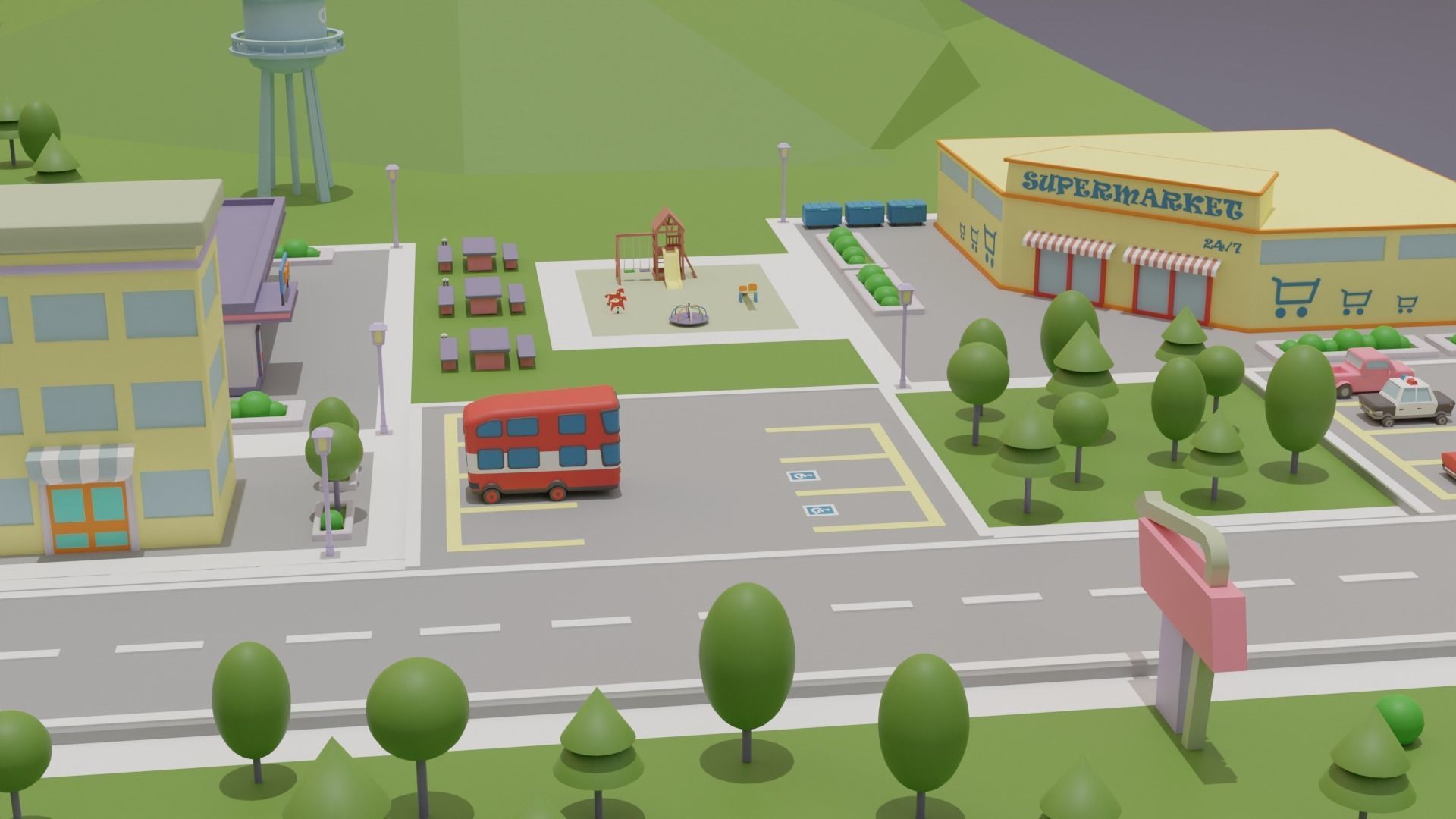 City Set Low Poly with buildings and plane Low-poly 3D model_7