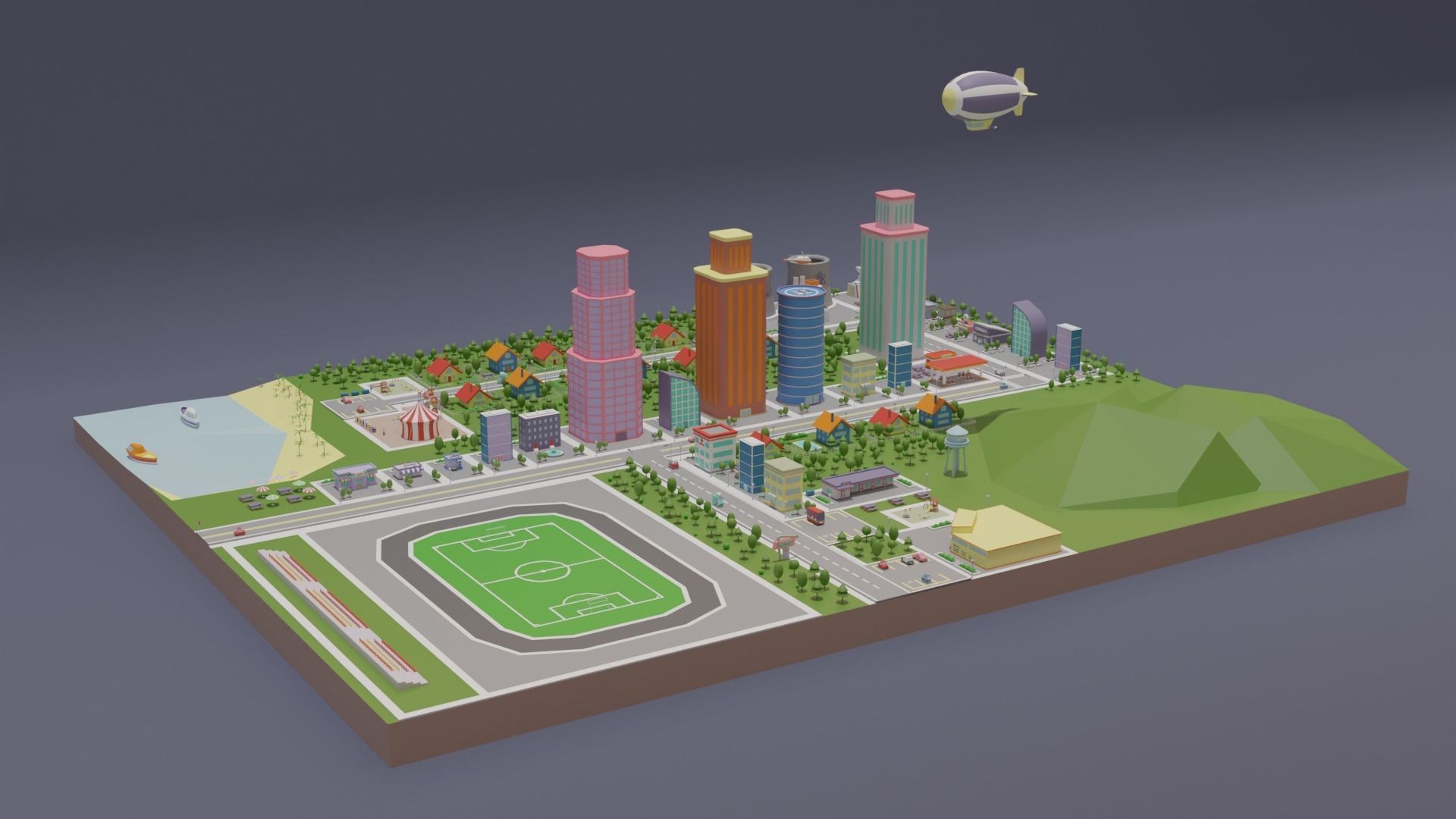 City Set Low Poly with buildings and plane Low-poly 3D model_4