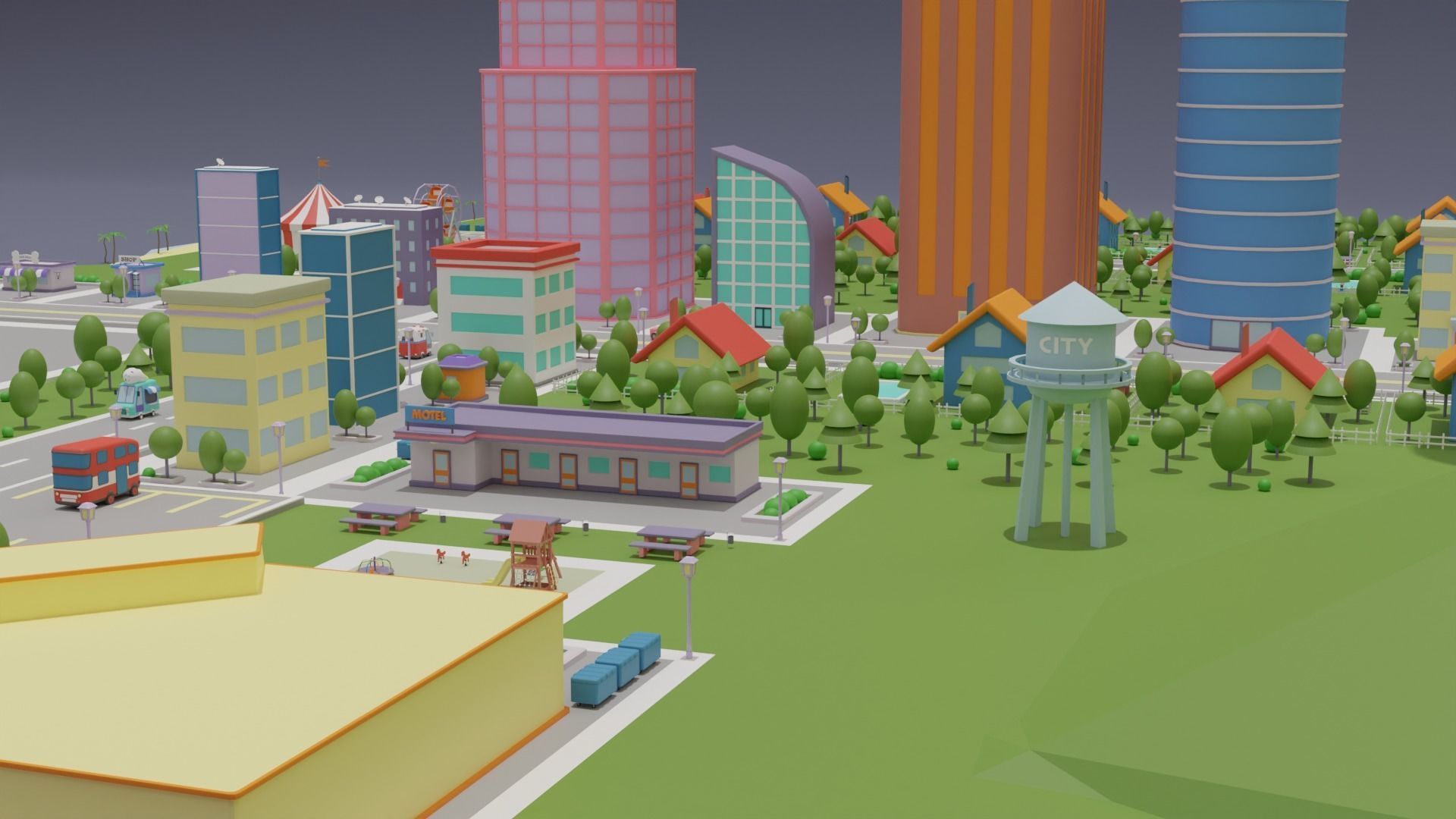 City Set Low Poly with buildings and plane Low-poly 3D model_9