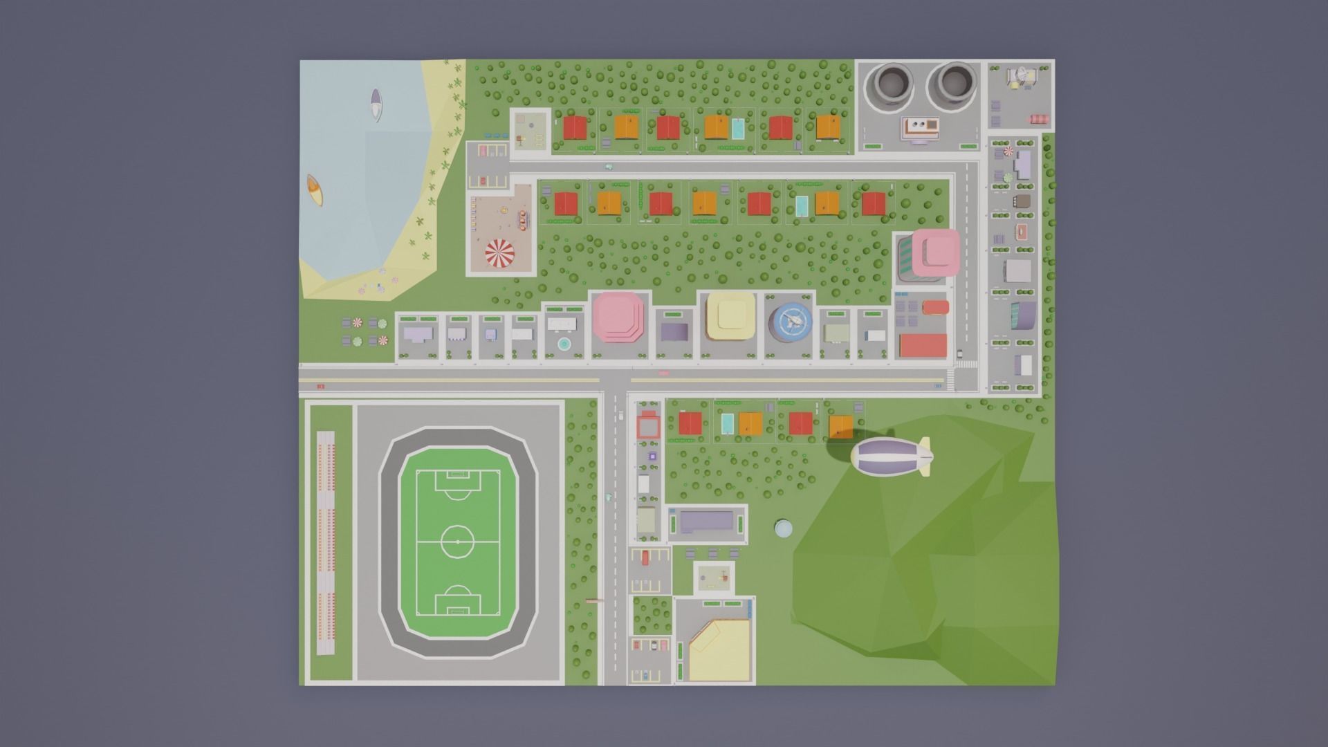 City Set Low Poly with buildings and plane Low-poly 3D model_3