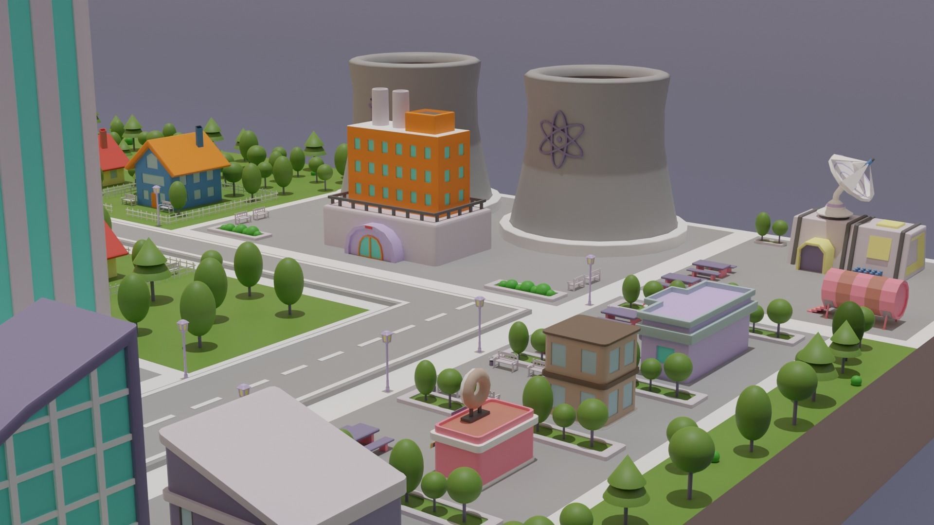 City Set Low Poly with buildings and plane Low-poly 3D model_10