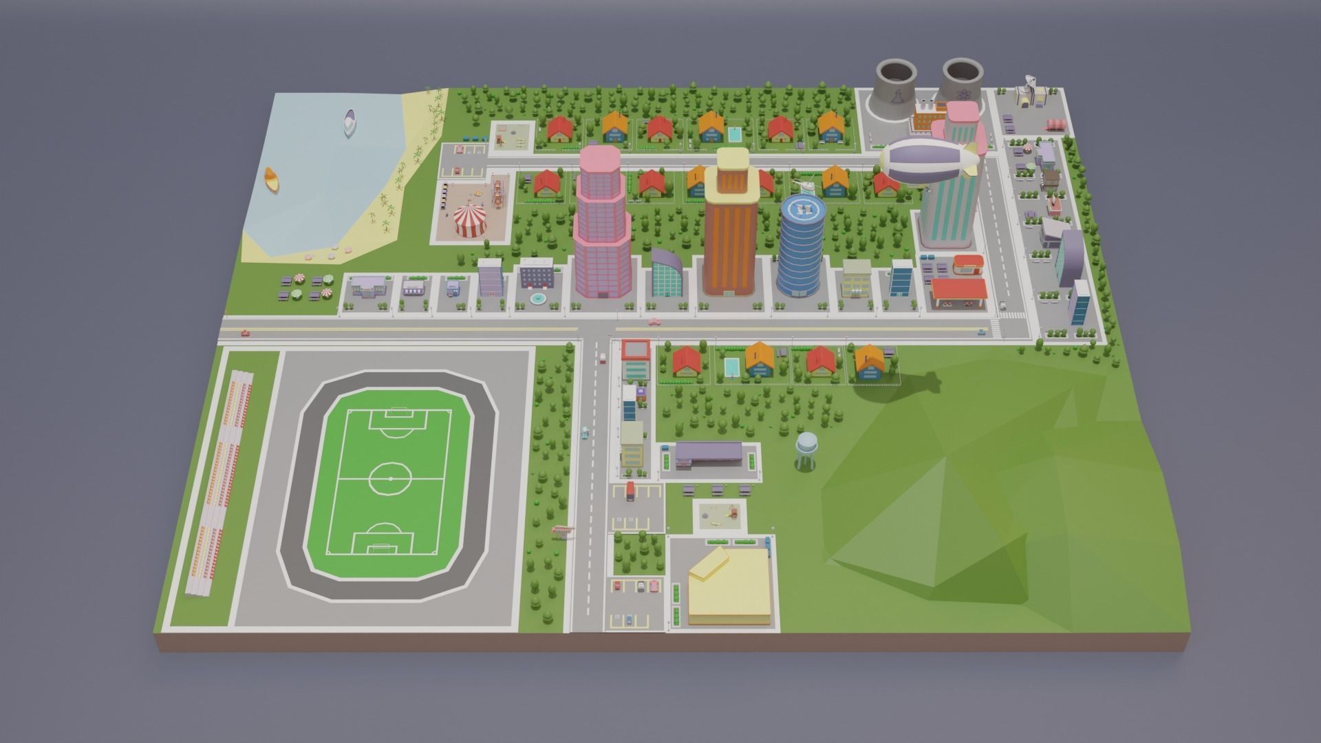 City Set Low Poly with buildings and plane Low-poly 3D model_2