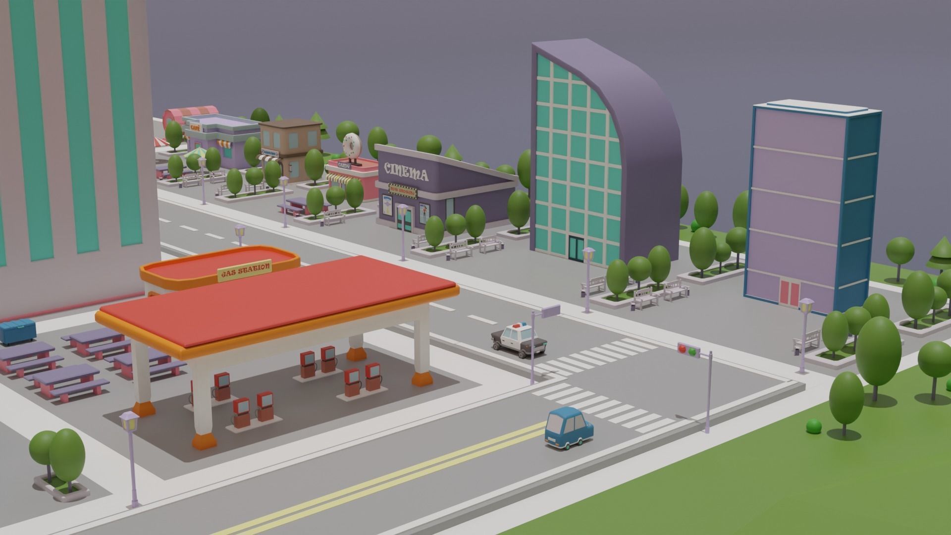 City Set Low Poly with buildings and plane Low-poly 3D model_13