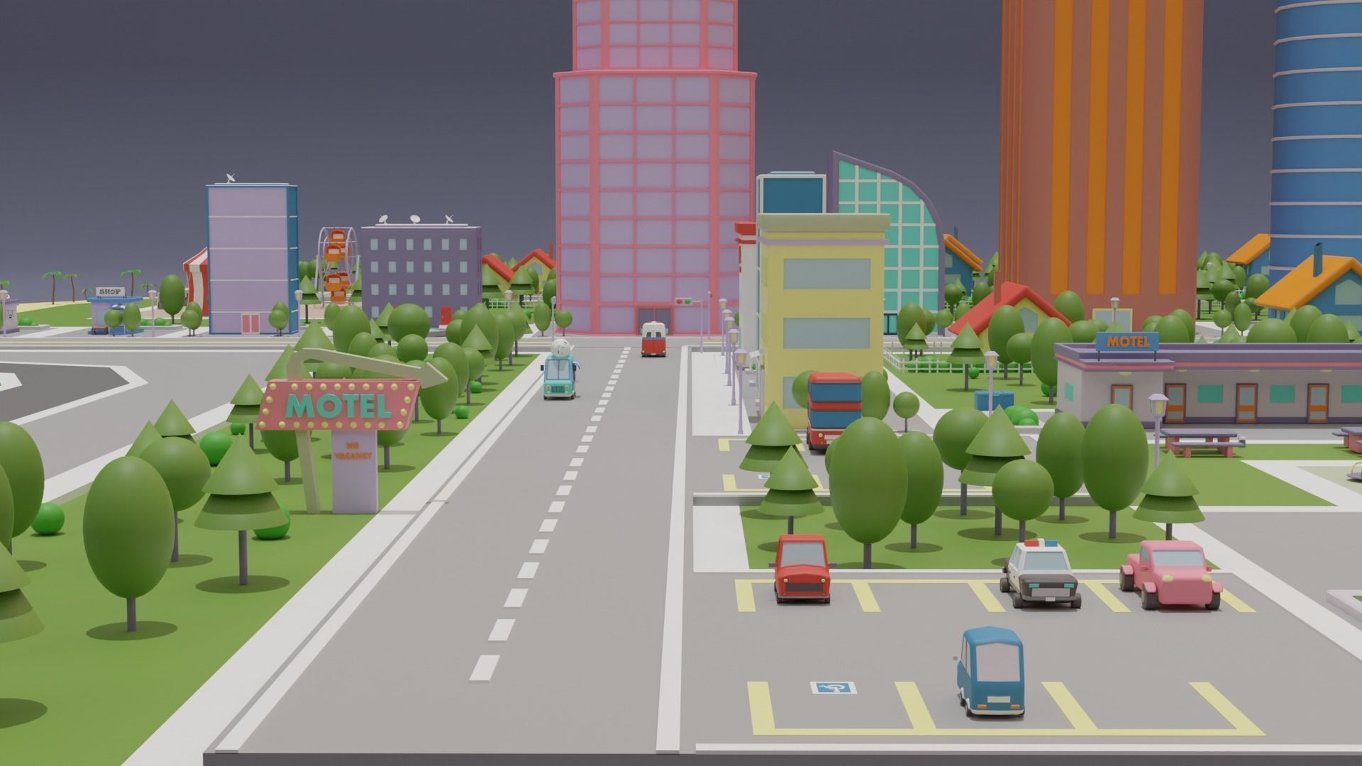 City Set Low Poly with buildings and plane Low-poly 3D model_8