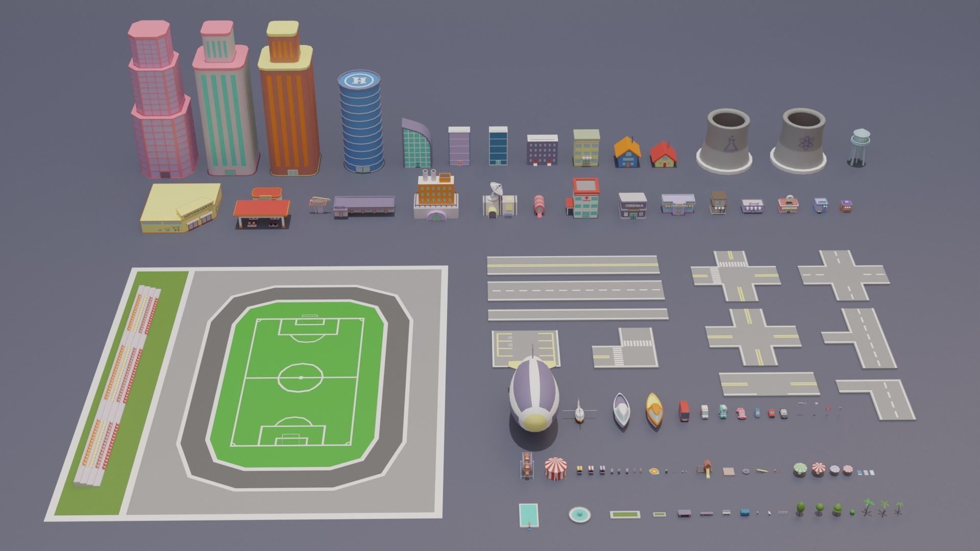 City Set Low Poly with buildings and plane Low-poly 3D model_17