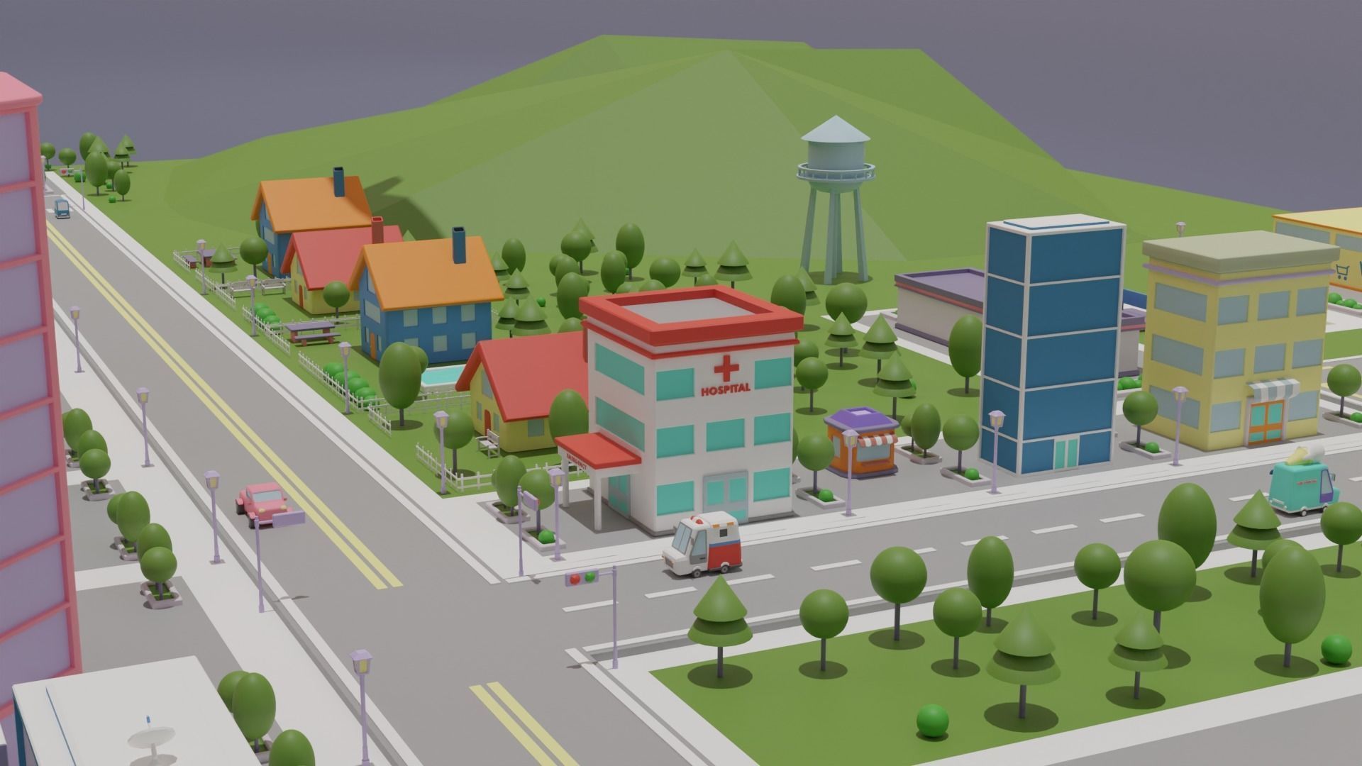 City Set Low Poly with buildings and plane Low-poly 3D model_16