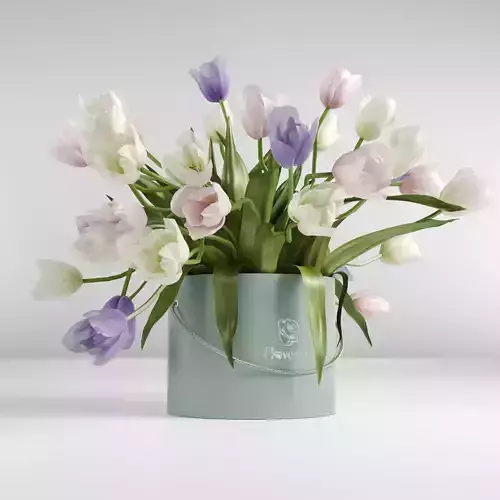 Bouquet of tulips in a cylinder white pink and violet colors