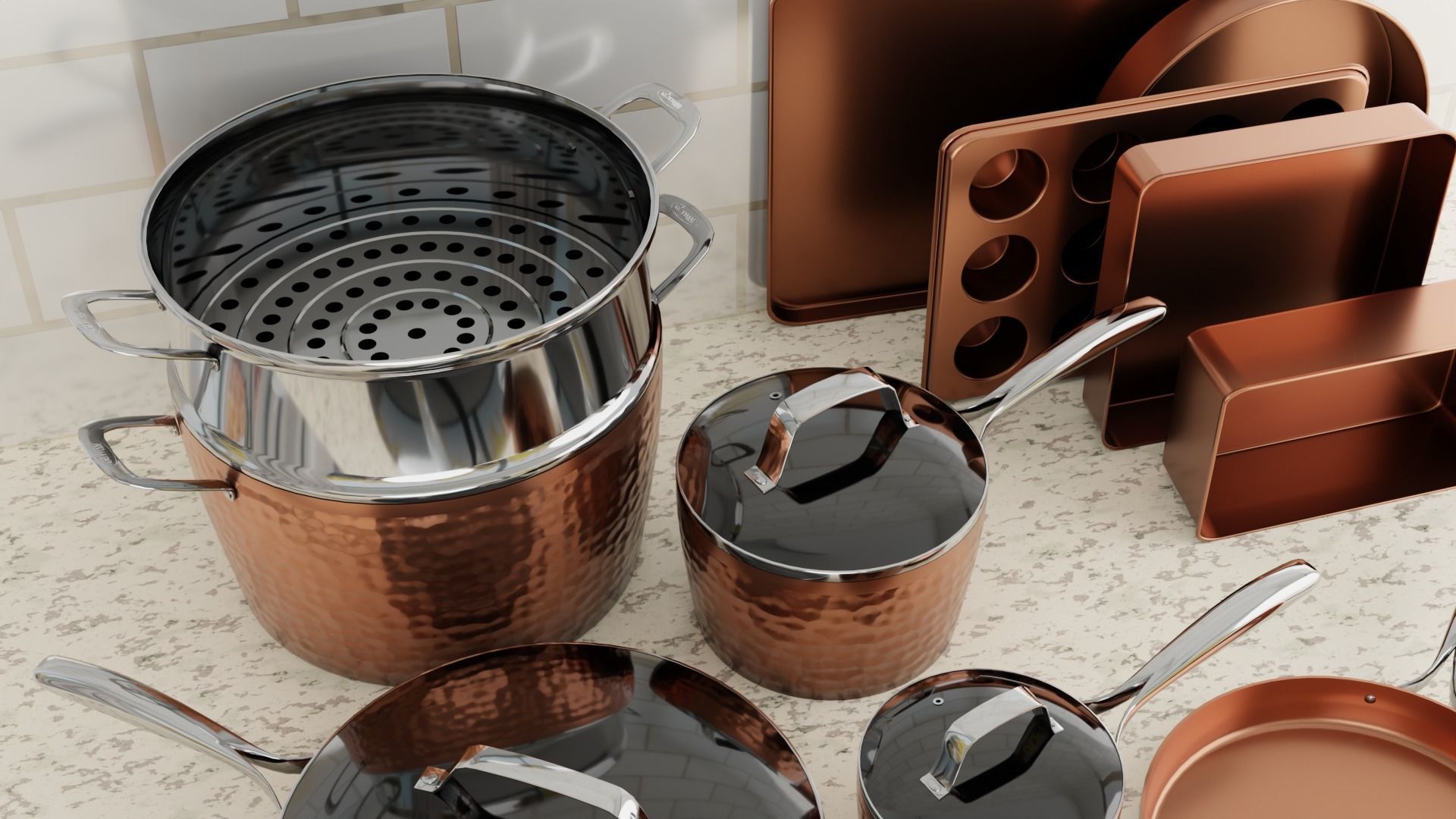 Hammered Copper Cookware Set 15-Piece Low-poly 3D model_2