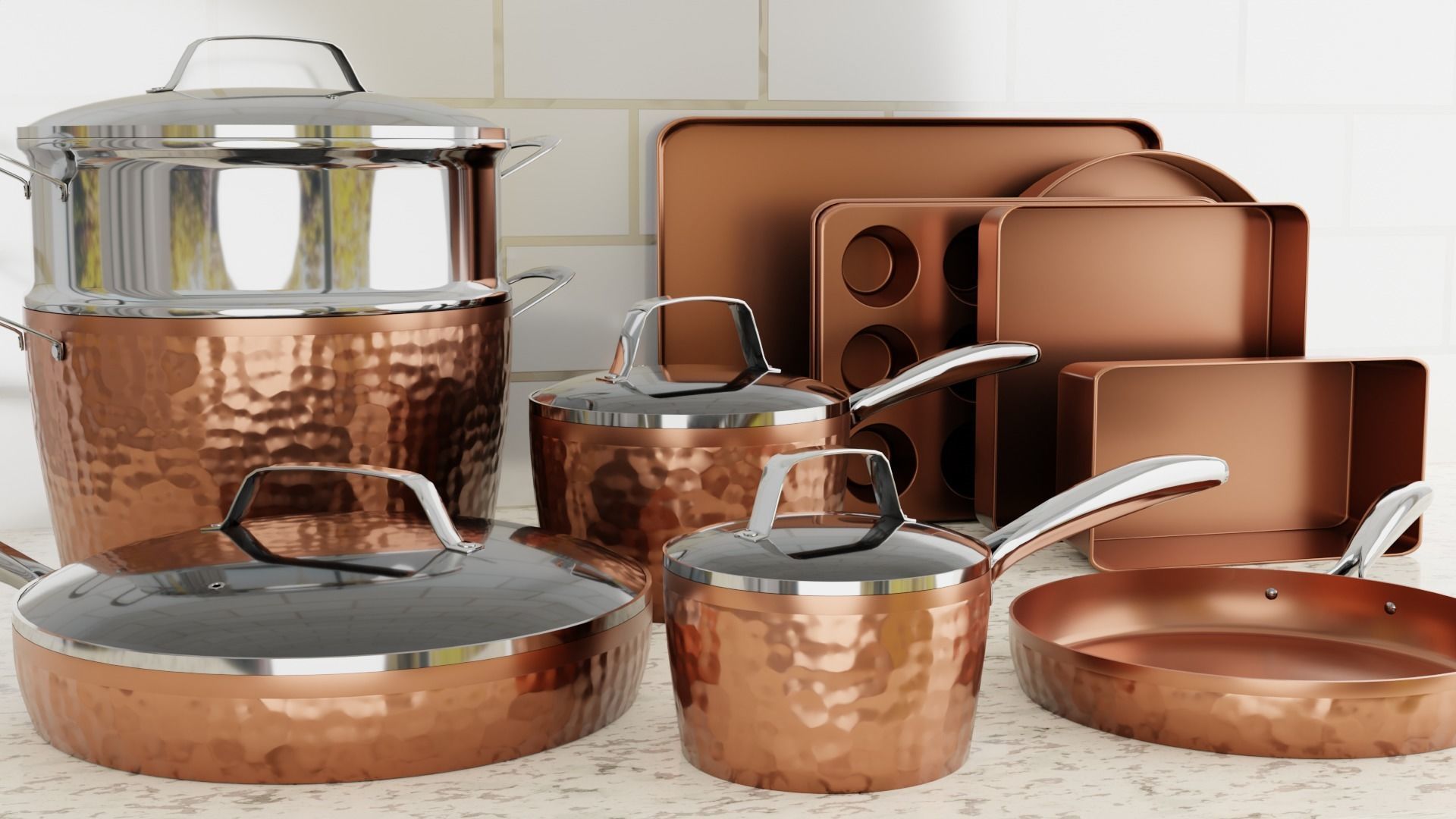 Hammered Copper Cookware Set 15-Piece Low-poly 3D model_0