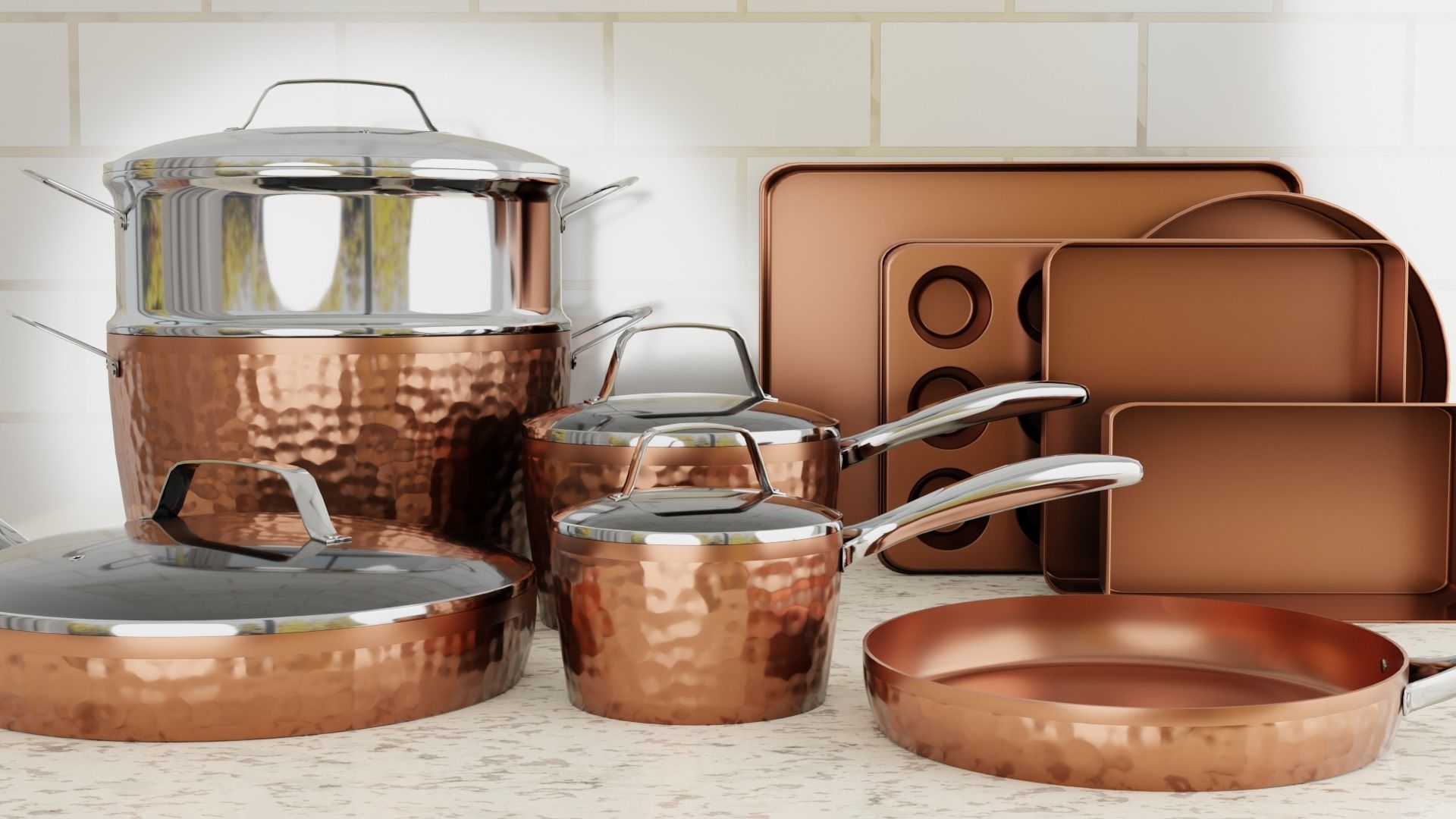 Hammered Copper Cookware Set 15-Piece Low-poly 3D model_3