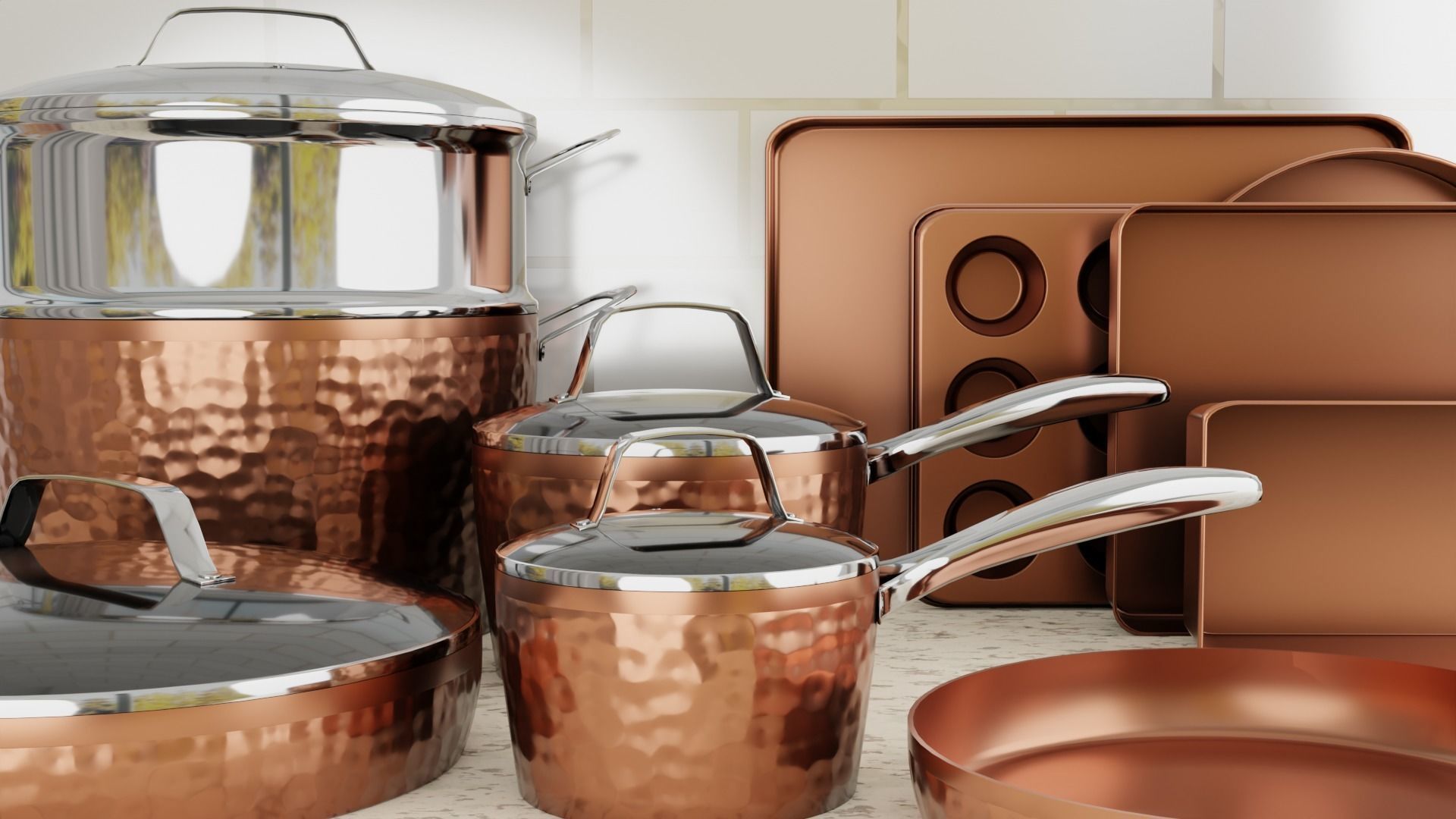 Hammered Copper Cookware Set 15-Piece Low-poly 3D model_1