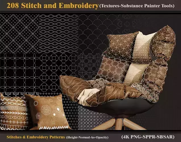 208 Stitch and Embroidery Patterns-Textures-sbsar-sppr-Alpha-