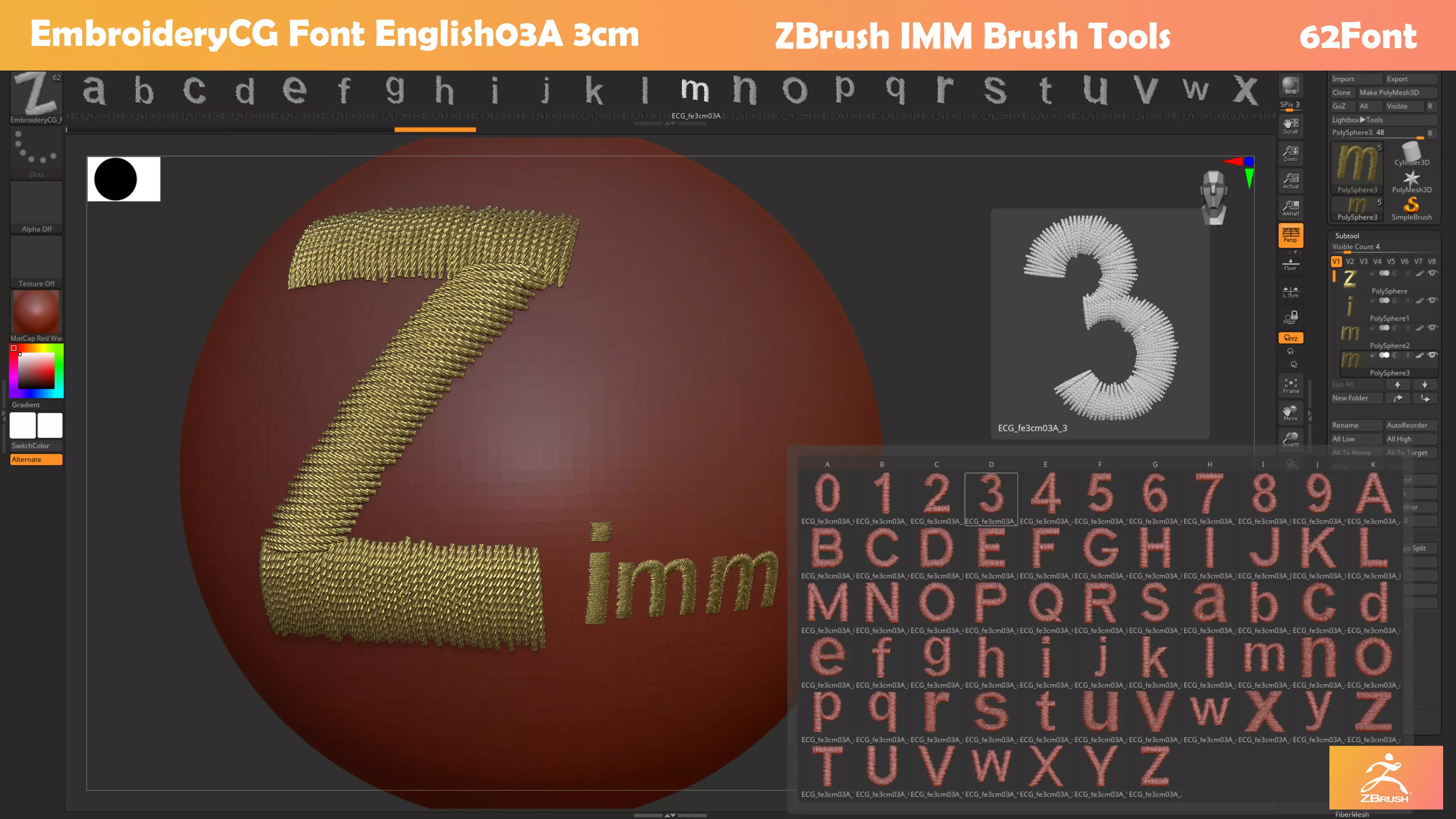 EmbroideryCG Font English03A 3cm  ZBush Tools 3D model_0