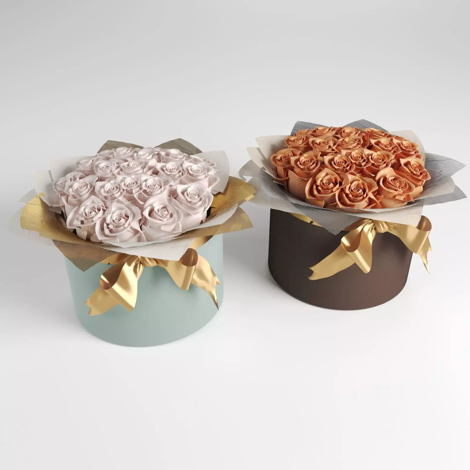 Bouquets of roses in cylinders in rose and orange colors 3D model_0