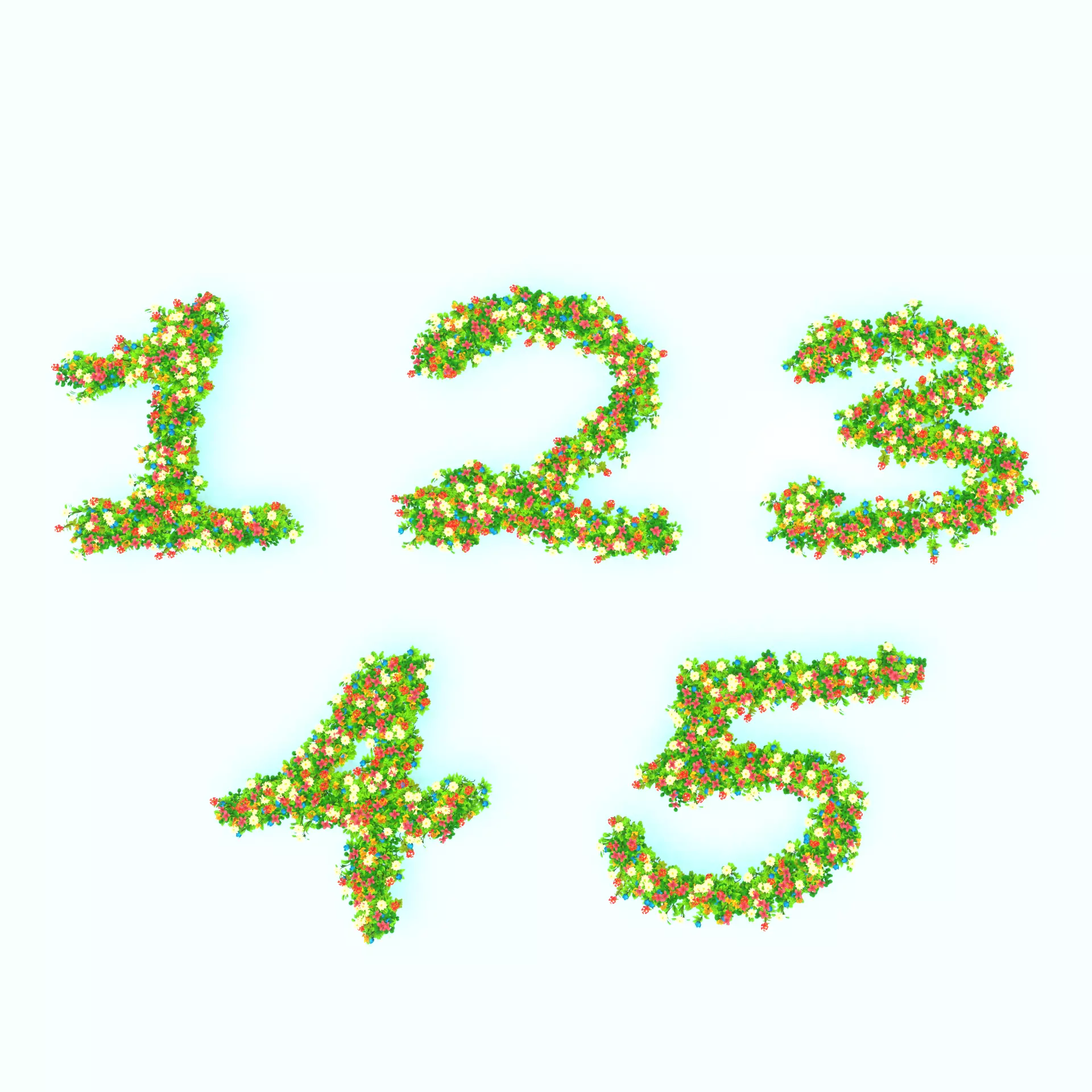 NUMBERS 1 2 3 4 5 number one made of flowers 3D model