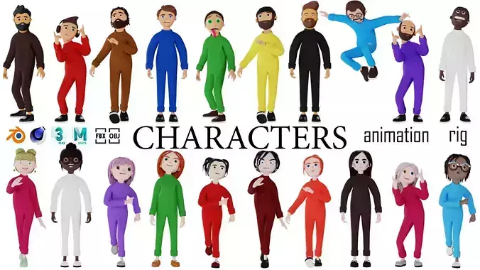 Cartoon characters 2 pajama pack 3d model