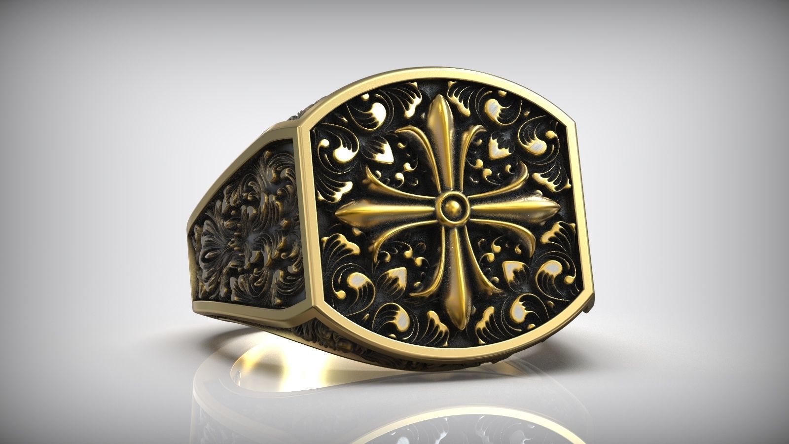 Maltese Cross Baroque Pattern Signet Ring 3D print model_2