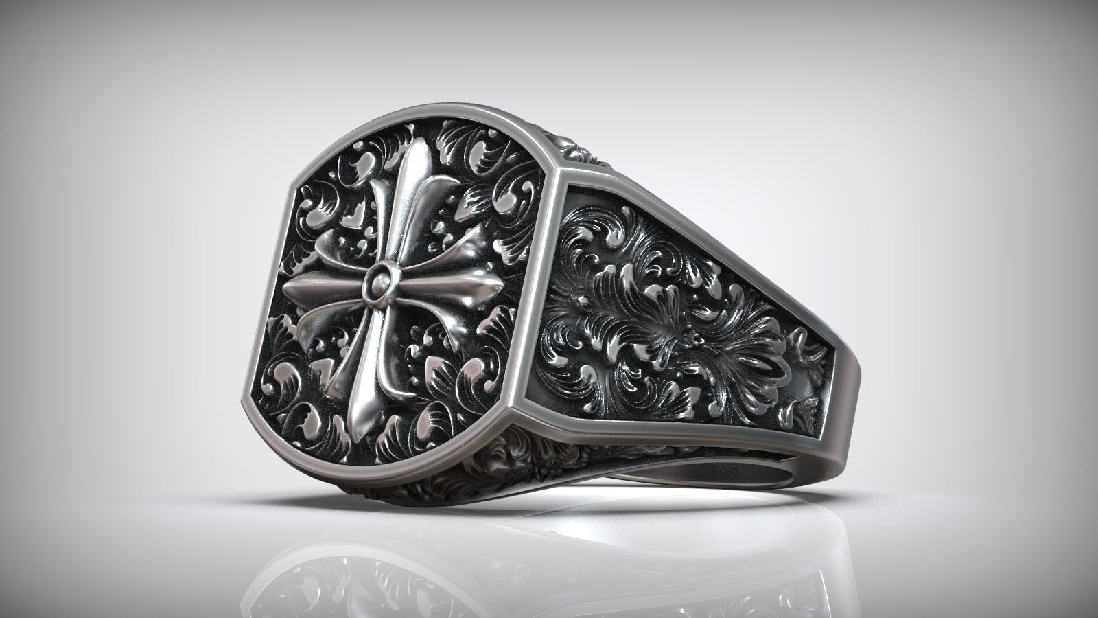 Maltese Cross Baroque Pattern Signet Ring 3D print model_4