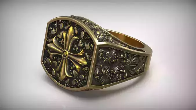 Maltese Cross Baroque Pattern Signet Ring 3D print model