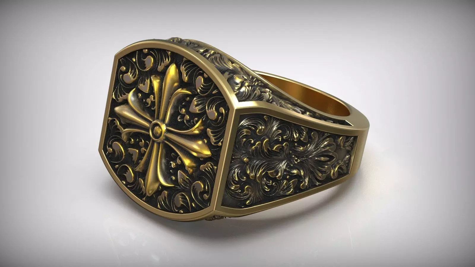 Maltese Cross Baroque Pattern Signet Ring 3D print model_0