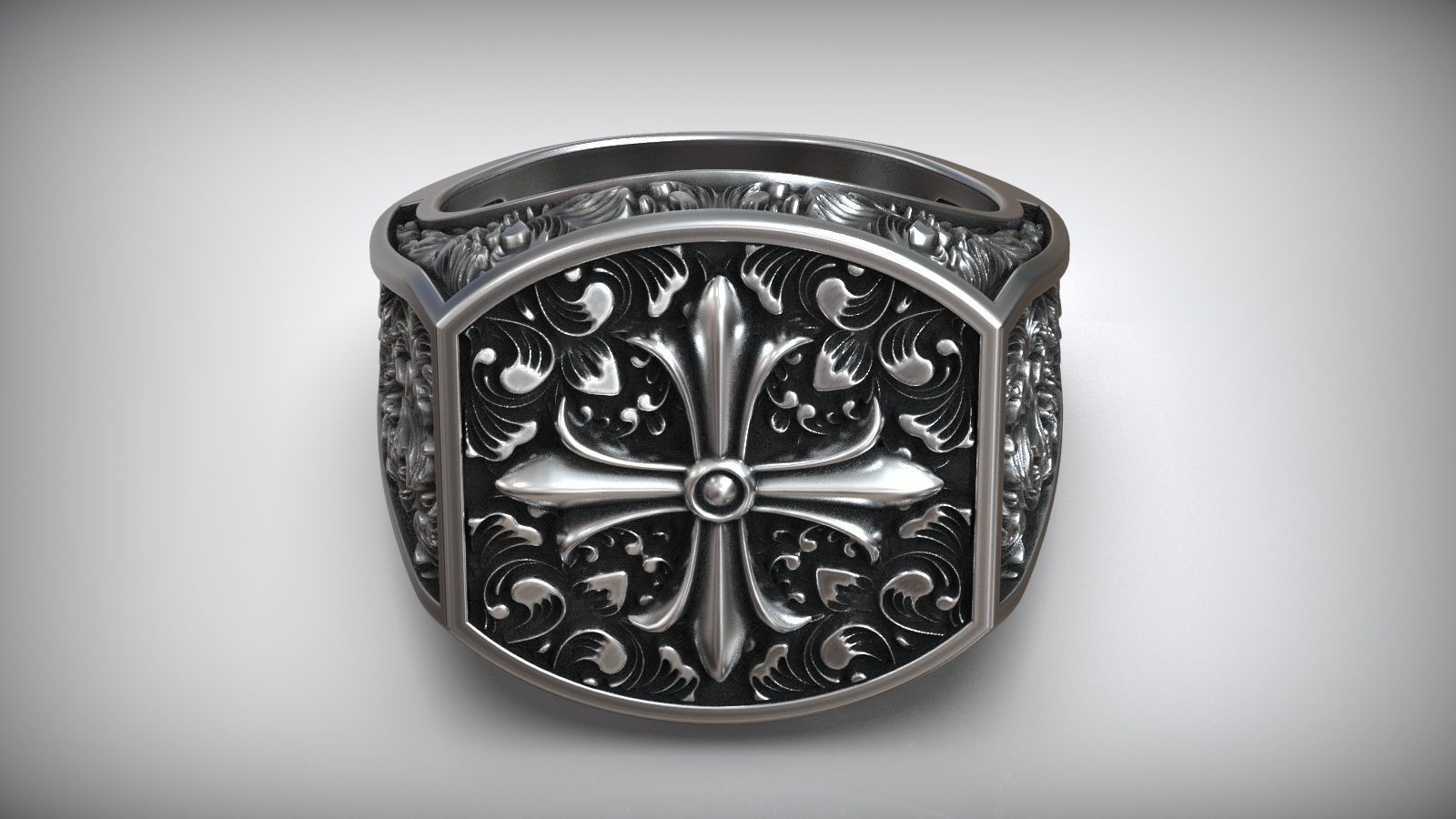 Maltese Cross Baroque Pattern Signet Ring 3D print model_3