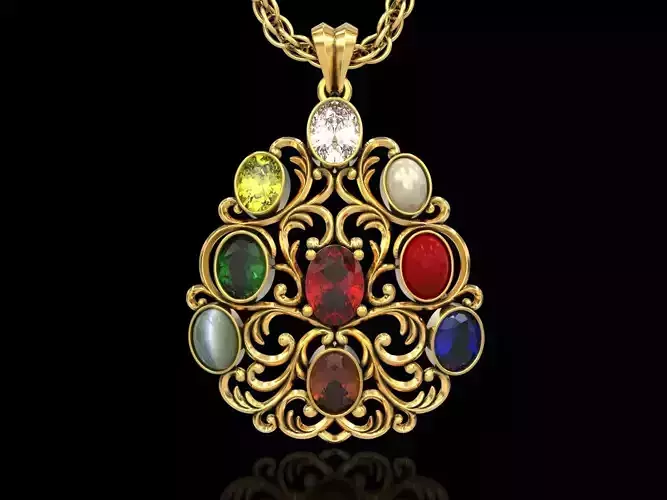 The Navratna 9 Precious Gems Filigree Pendant