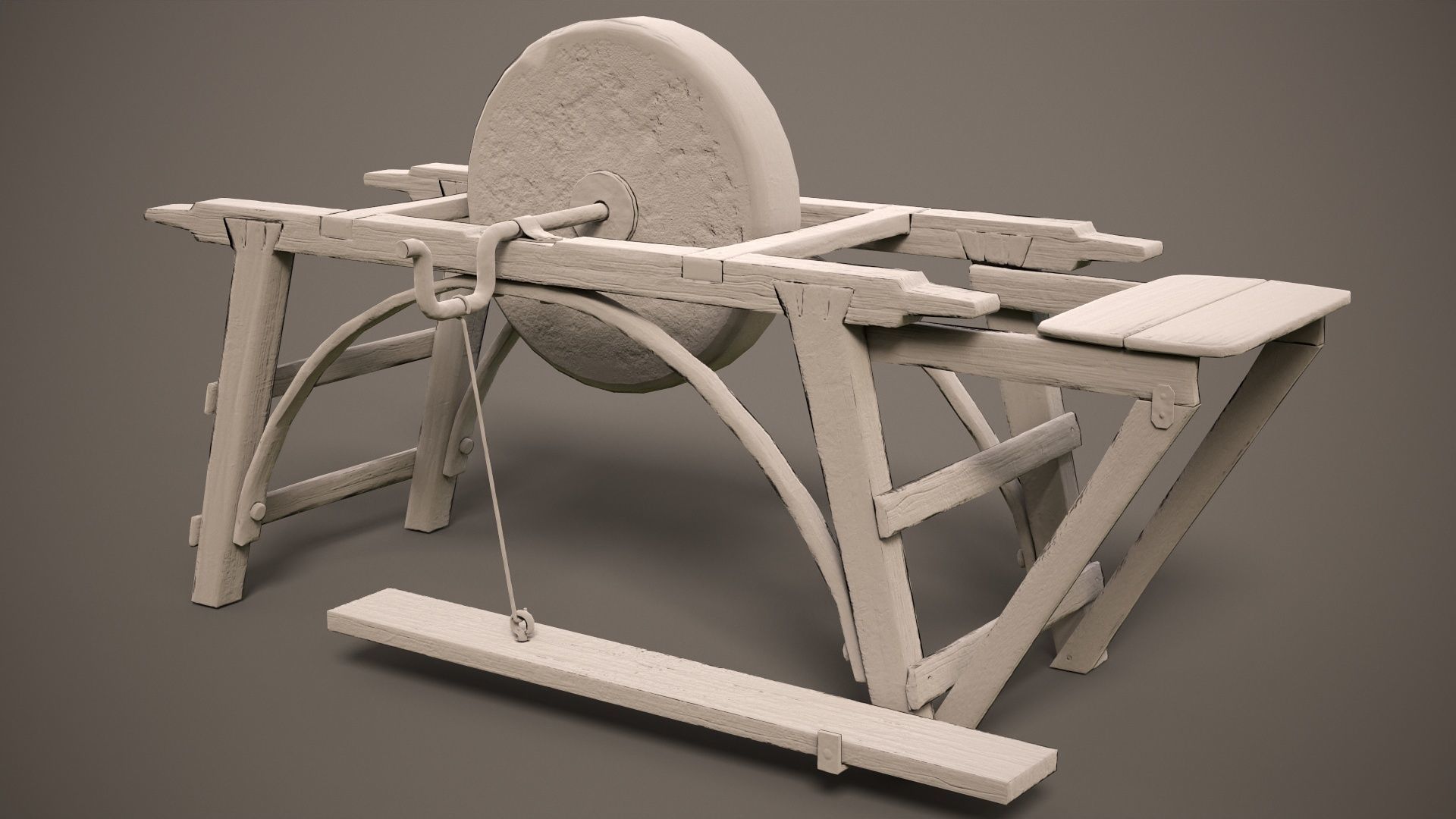 Grindstone spinning wheel on wooden frame Low-poly 3D model_12