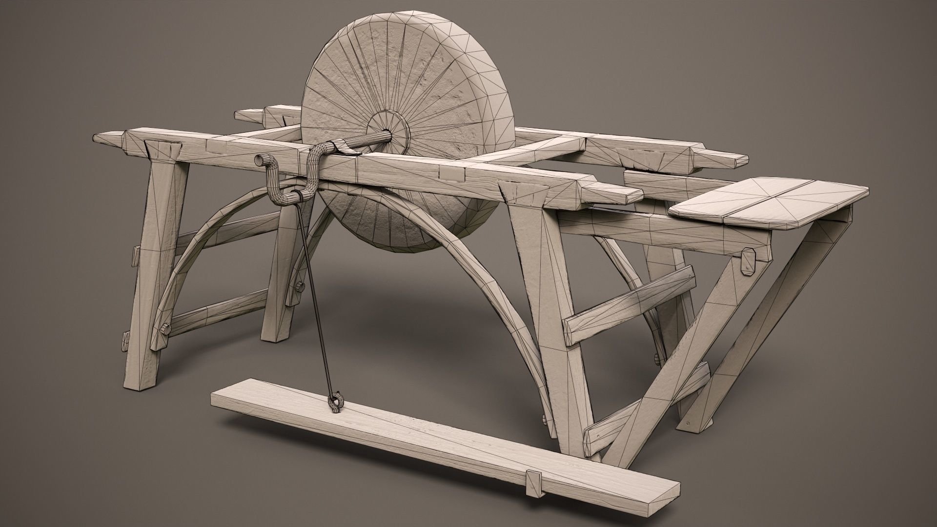 Grindstone spinning wheel on wooden frame Low-poly 3D model_13